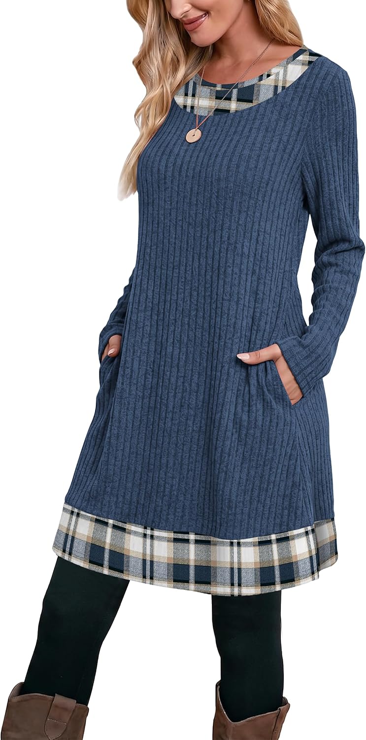 Detalle 2 de OFEEFAN Women's Color-Block Sweater Dress, Long Sleeve Ribbed Knit with Pockets