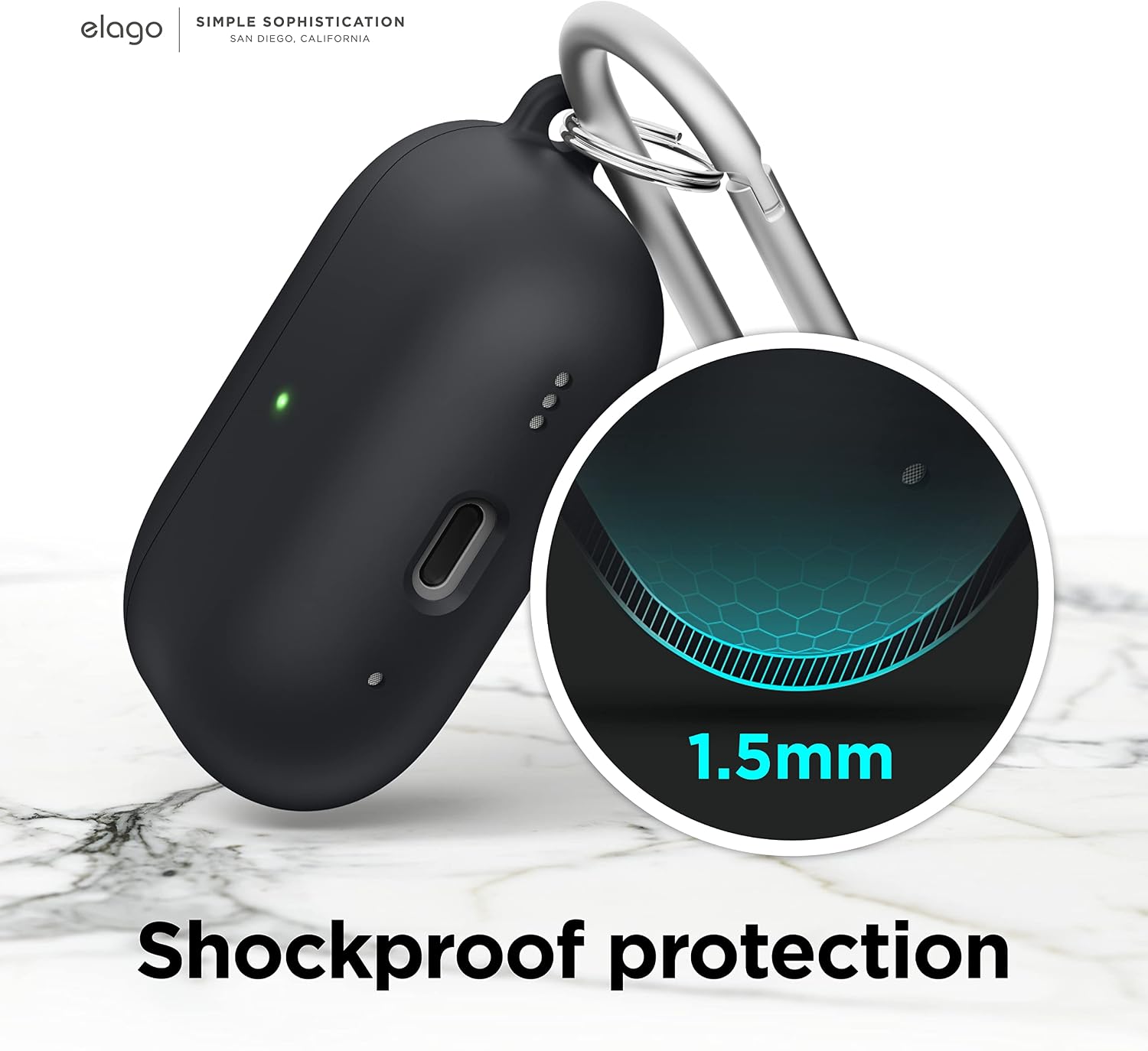 Detalle 2 de elago Coque en silicone triple couche pour Apple AirPods Pro 2, avec mousqueton (Noir)