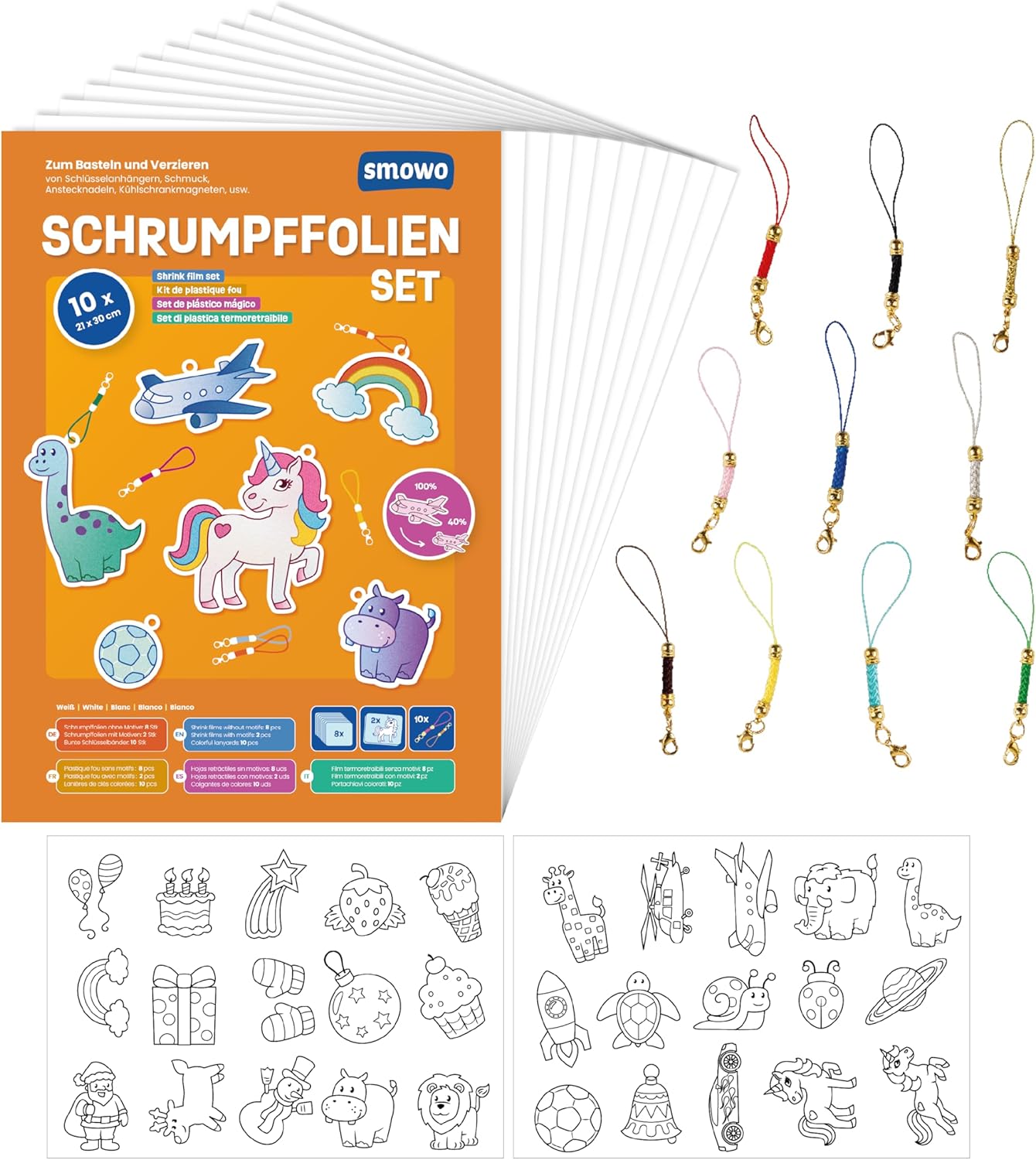 Smowo® Schrumpffolien-Set mit Schlüsselanhänger – 10 Stück schrumpfende Folie im A4-Format (matt transparent)