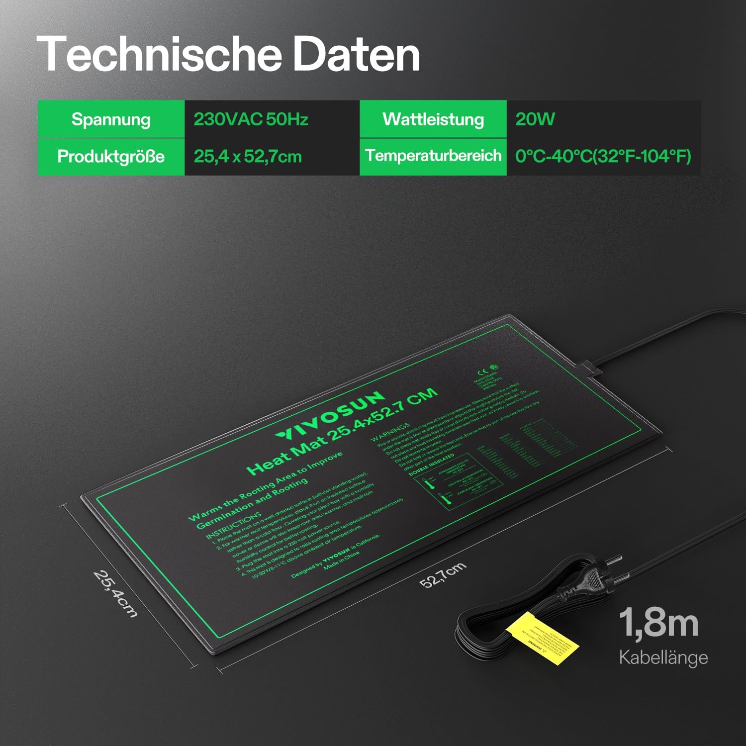 Thumbnail 6 de VIVOSUN Heizmatte 25,4 × 52,7 cm für Setzlinge – wasserdicht (MET) und für Indoor-Anzucht