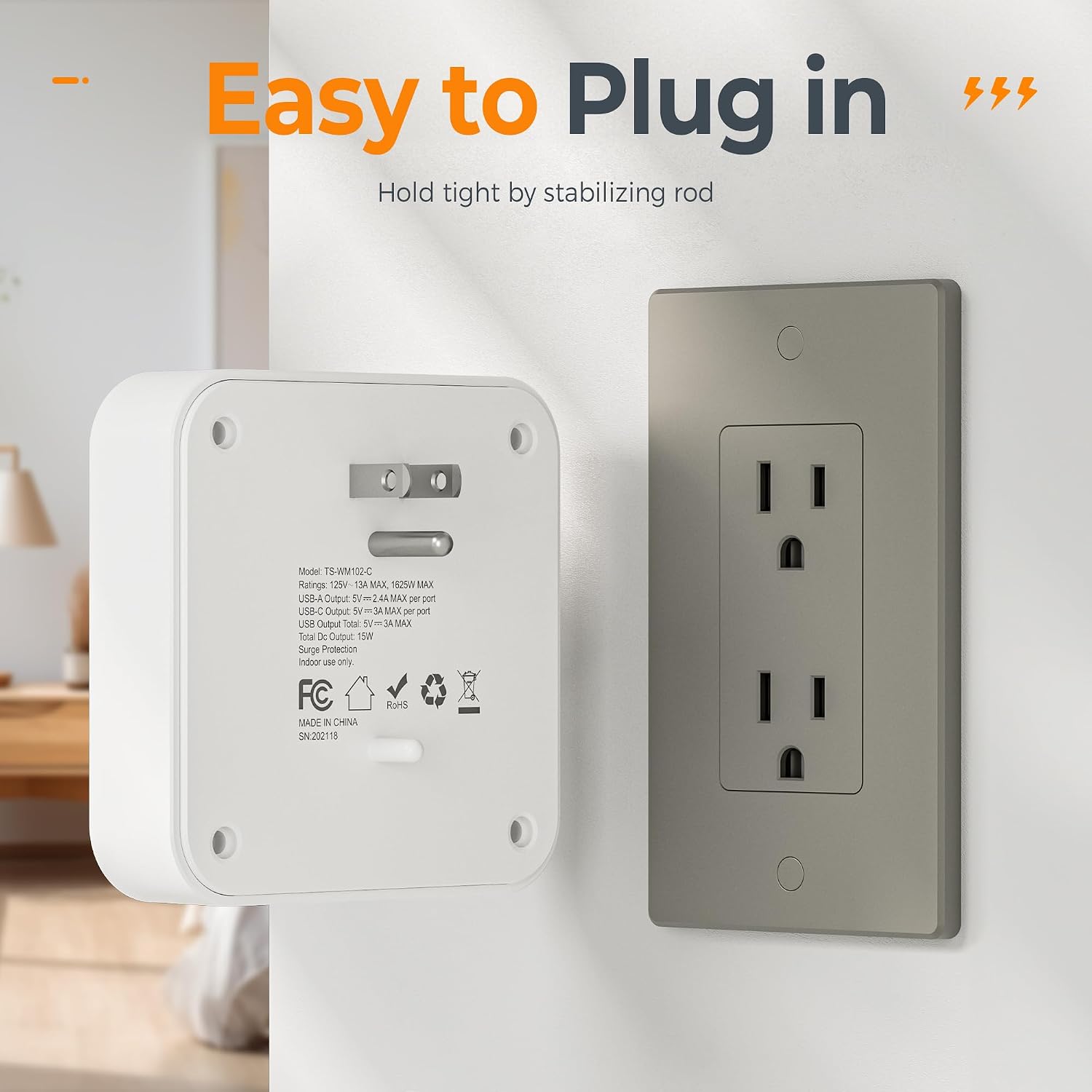 Detalle 1 de TESSAN TS-WM102-C Wall Outlet Extender, 4 AC Outlets, USB-C and USB-A, Surge Protection