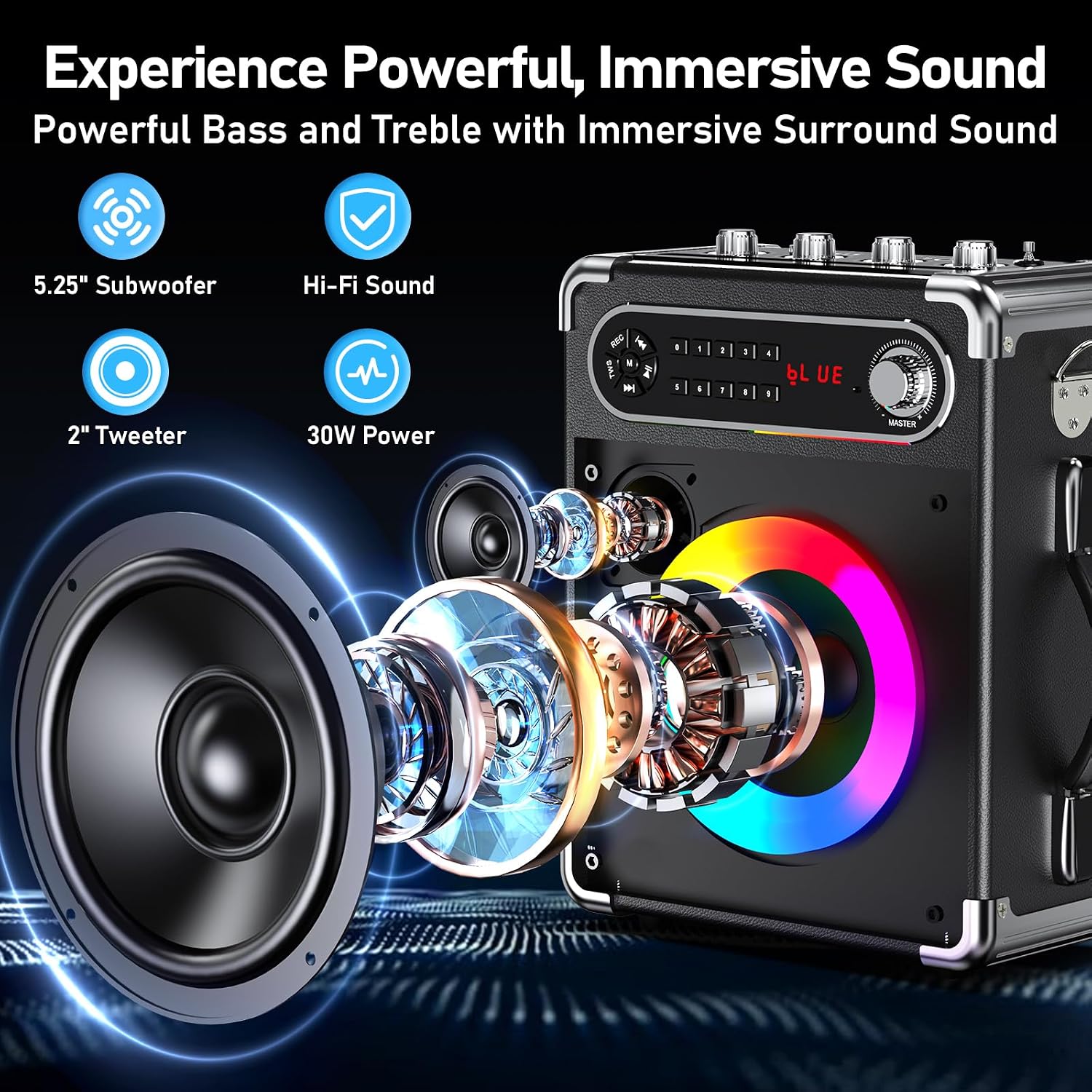 Detalle de HWWR Karaoke Machine with 3 Wireless 0-Delay Microphones, 5.25-Inch Woofer