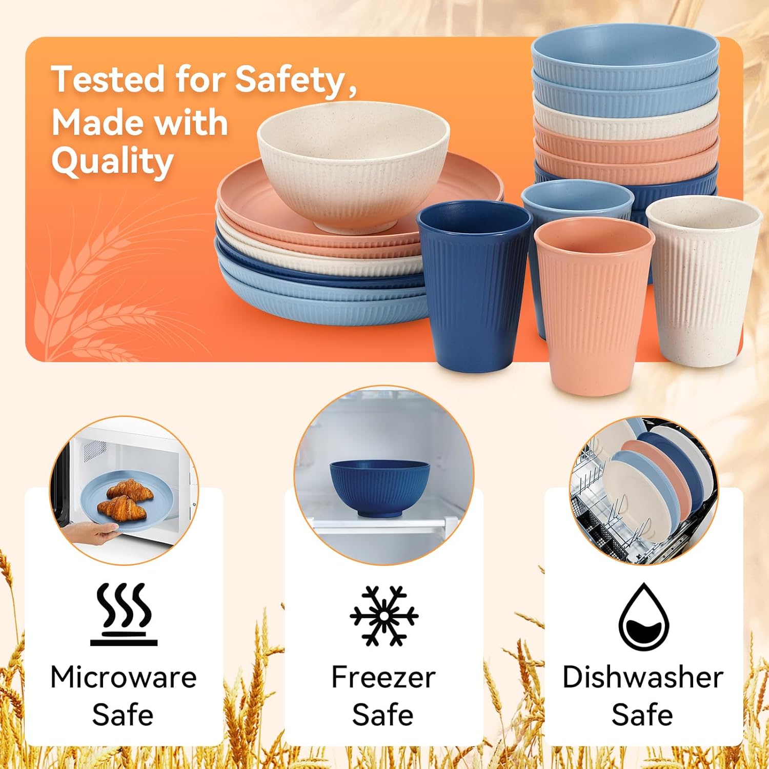 Detalle de Wheat Straw Dinnerware Sets, 64-Piece Seaside Color – Unbreakable, Reusable, Microwave-Safe