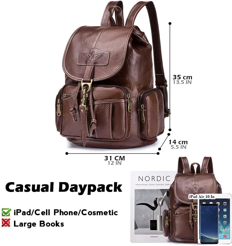 Detalle de SPAHER Damen Mini-Rucksack aus Kunstleder – wasserdicht & Anti-Diebstahl, Vintage Daypack (braun)