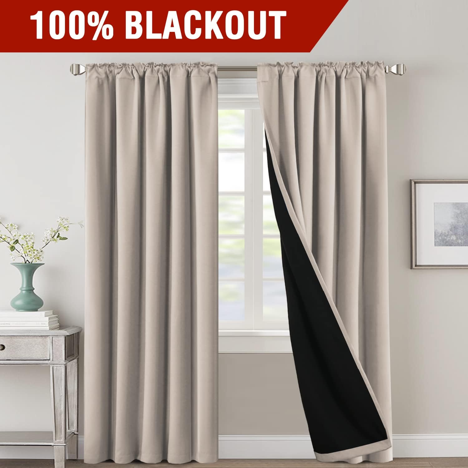 Thumbnail 1 de H.VERSAILTEX 2 Blackout Curtains, 84-Inch, Natural Sand, Black Liner
