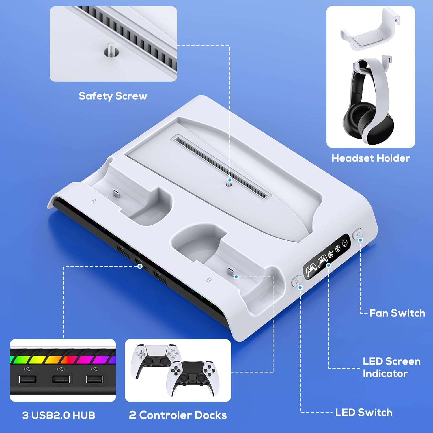 Thumbnail 6 de FASTSNAIL PS5 Charging Stand with Cooling Fan — Dual Controller Charger, RGB Lights and Headset Hook