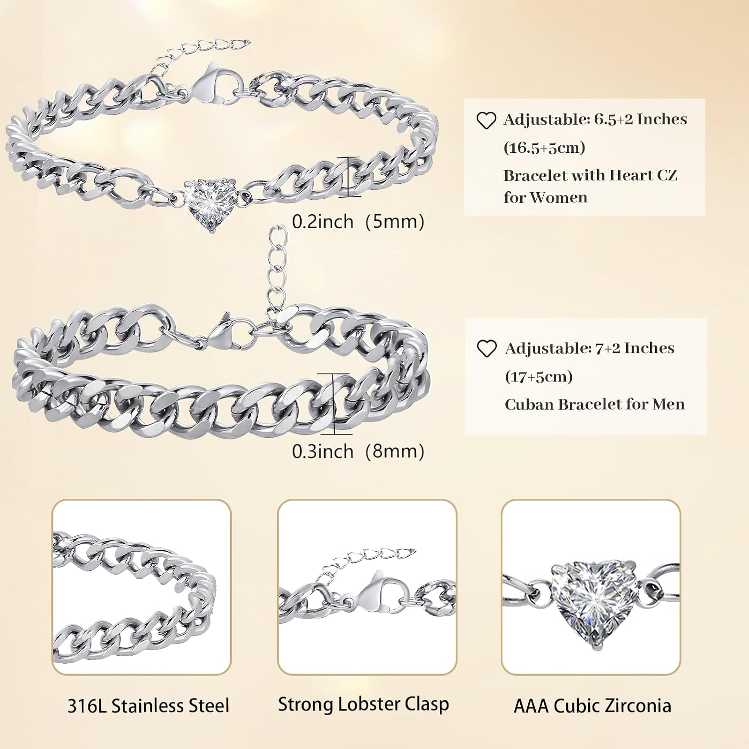 Thumbnail 5 de Fehki Matching Couple Cuban Chain Bracelets 7"