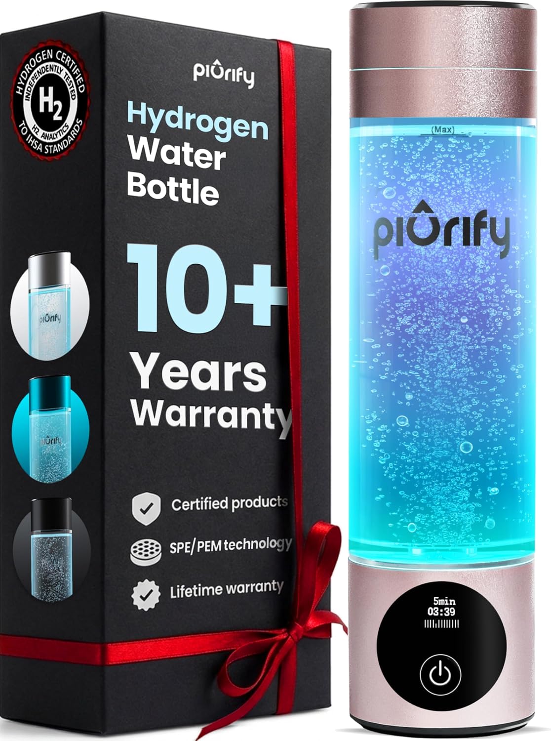 PIURIFY Hydrogen Water Bottle Generator (Up to 4100+ PPB) — SPE/PEM Certified H2, Rechargeable, 10 oz (Pink)