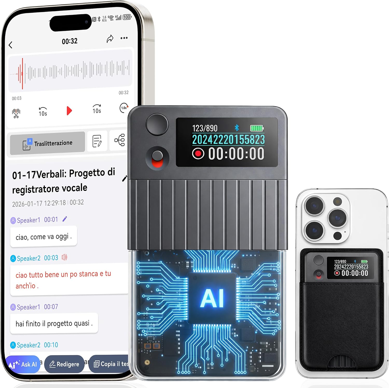 KaiwuTek Note Pro Registratore Vocale AI con trascrizione e custodia magnetica