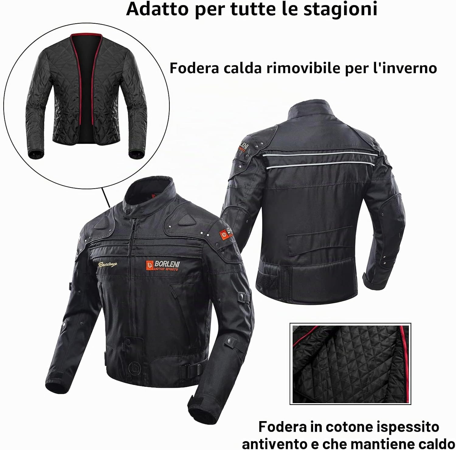 Detalle de BORLENI Giacca da Moto Uomo Tutte le Stagioni con Protezioni CE e Giubbotto Termico Removibile