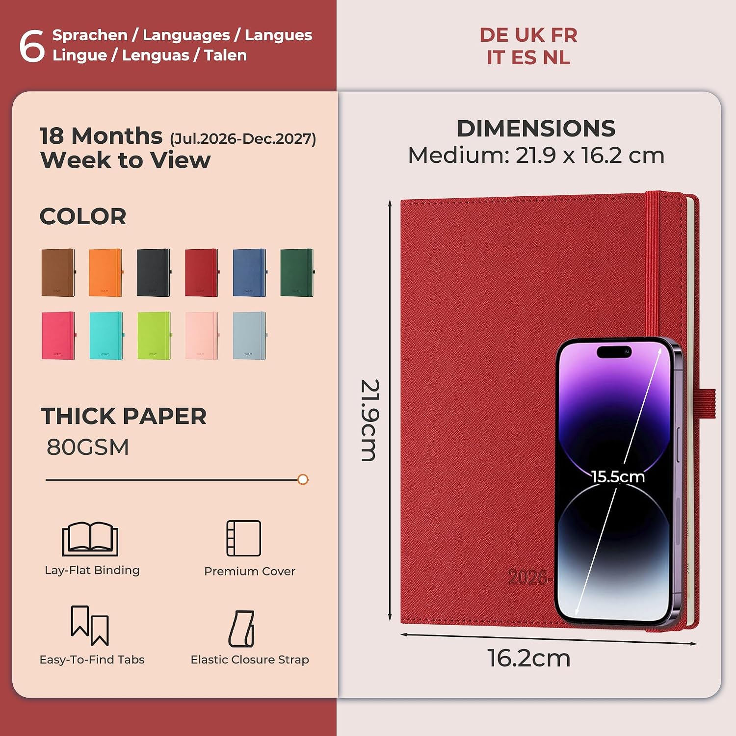 Detalle de IN-LUXPRO Academic Diary 2026-2027: A5 Week to View, Red PU Leather, 18 Months (Jul '26 – Dec '27)