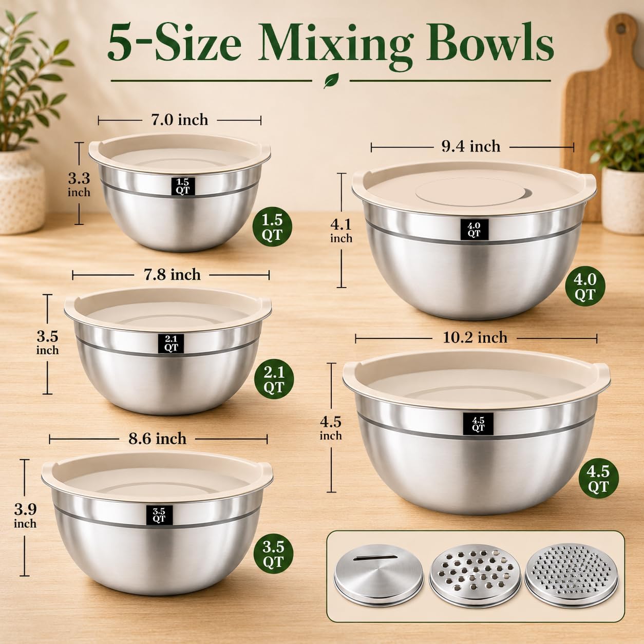 Detalle 2 de Boskermeal Stainless Steel Mixing Bowls, 5 Sizes