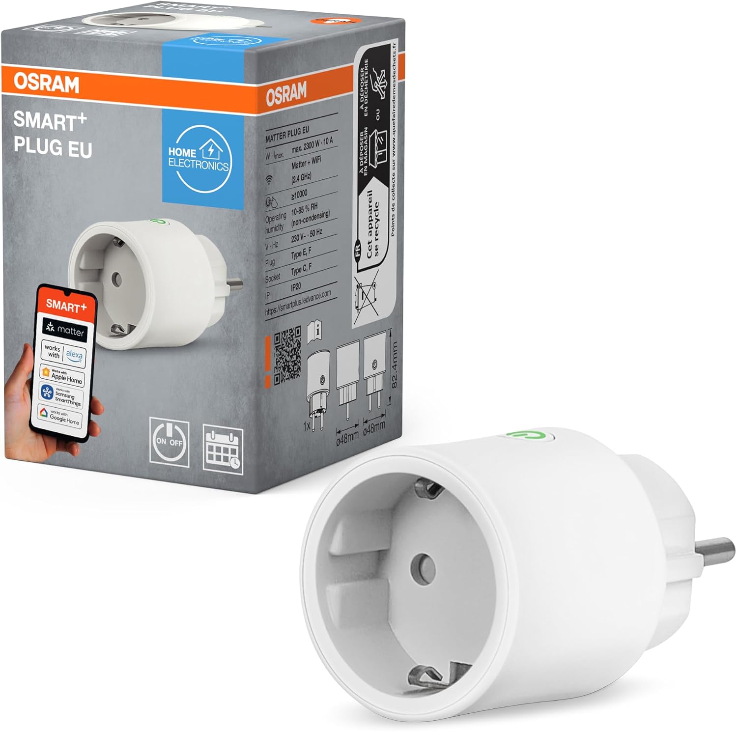 Detalle de OSRAM prise intelligente WiFi avec Matter, compatibilité Alexa et écosystèmes multiples jusqu’à 2300 W