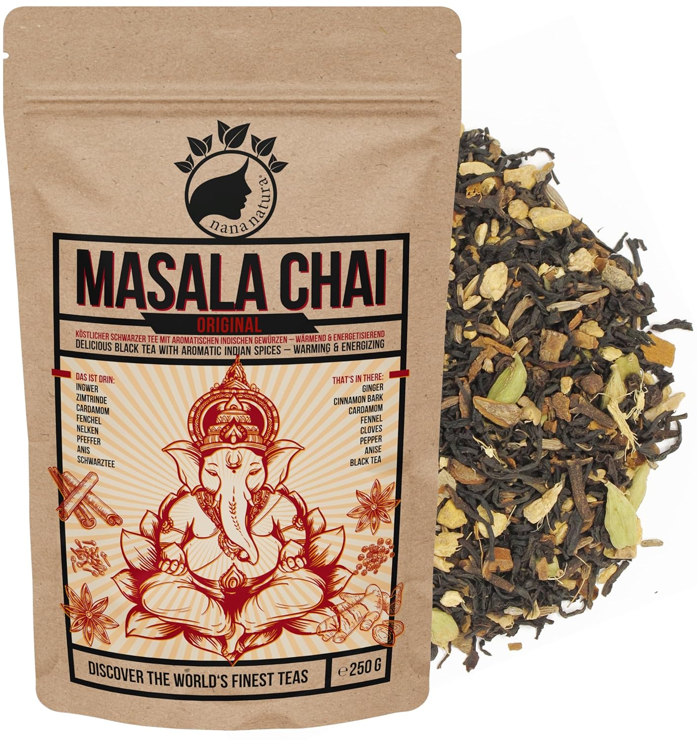 Detalle de NanaNatura’s MASALA CHAI TEE (250 g) – indischer Schwarztee mit Gewürzmischung für Chaitee, Chai-Latte und Iced Chai