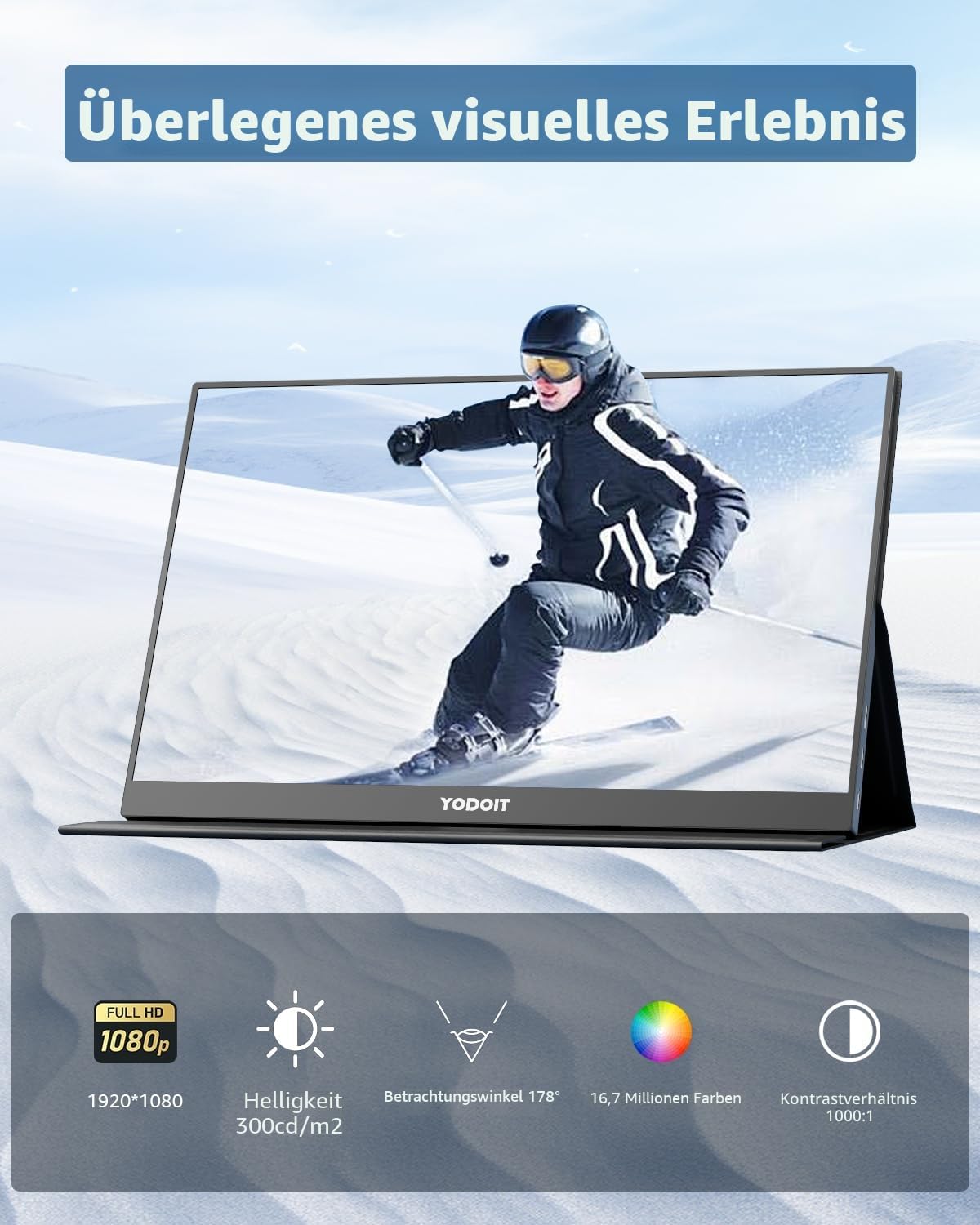Detalle 2 de Yodoit Portable Monitor mit Touchscreen 15,6 Zoll – USB-C/HDMI, FHD IPS, integrierte Lautsprecher, Smart Cover