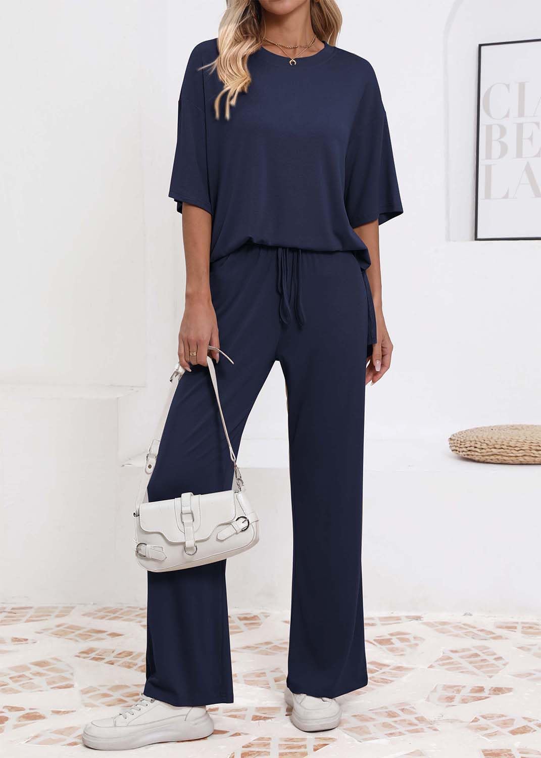 Detalle 2 de AmazingStar Womens Lounge Set 2026 Summer 2 Piece Outfit: Oversized Short Sleeve Top & Wide Leg Pants