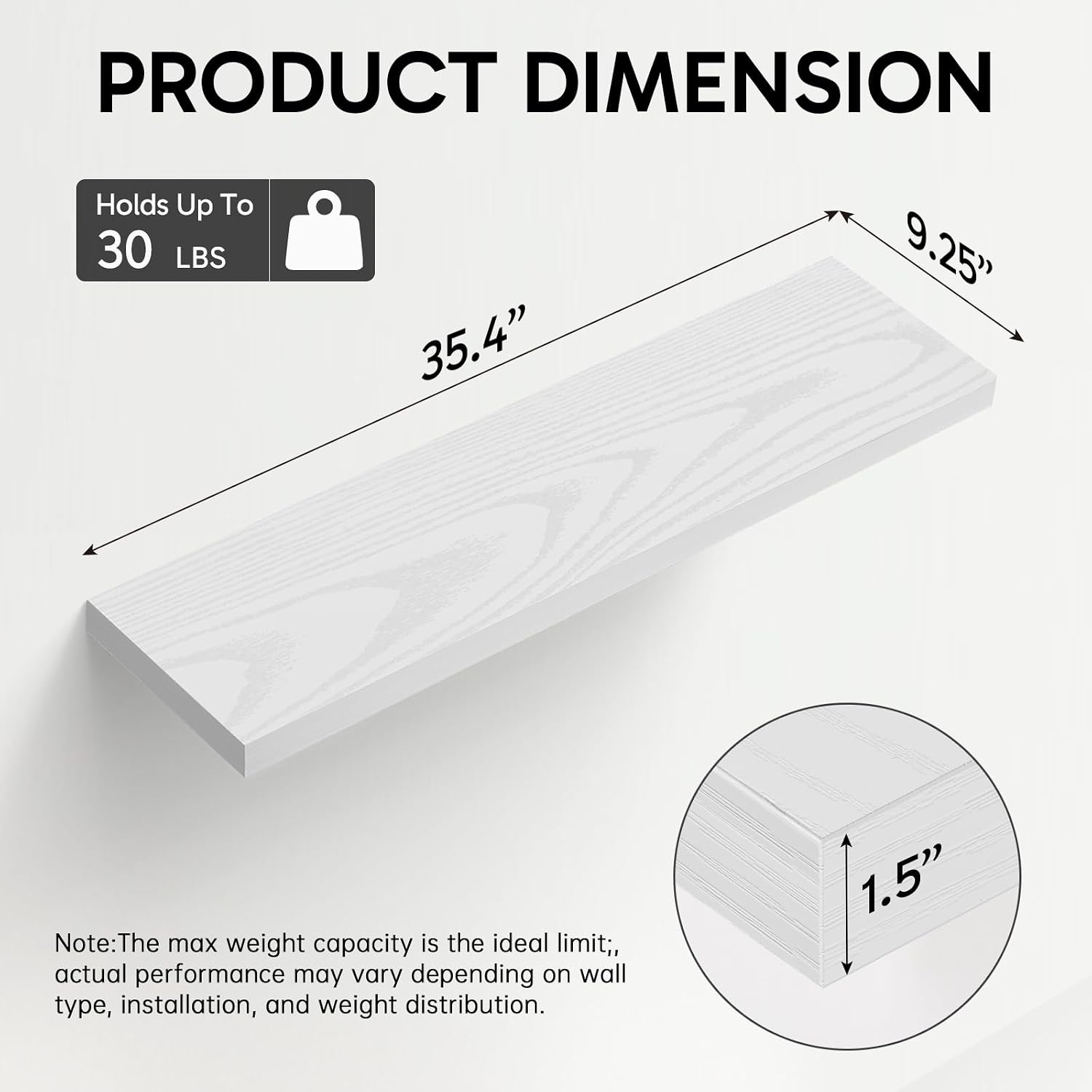 Detalle de BAYKA FSD3V147 White Floating Shelves, Set of 3, 35.4-Inch