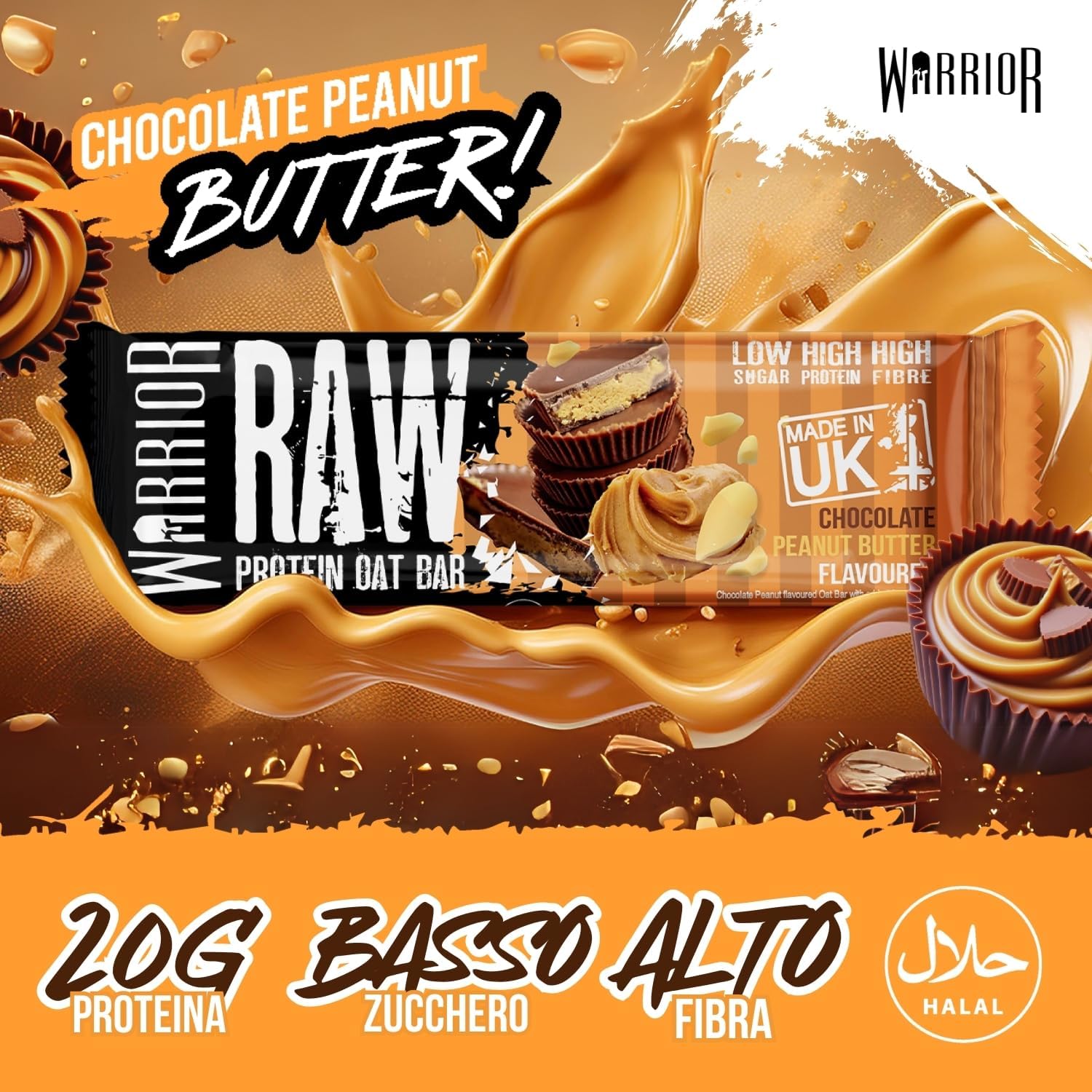 Detalle 2 de Warrior Raw Barretta Proteica 12 x 75 g – Barrette proteiche ai fiocchi d'Avena, cioccolato e arachidi