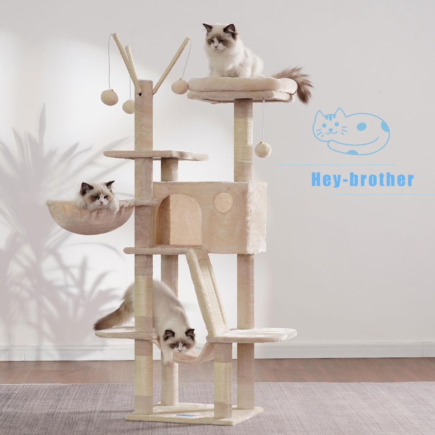 Thumbnail 1 de Hey-Brother Kratzbaum (135 cm) Indoor Katzenbaum mit gepolsterter Plattform, Höhle, Hängematte & Sisal Kratzfläche – Beige MPJ019-SM