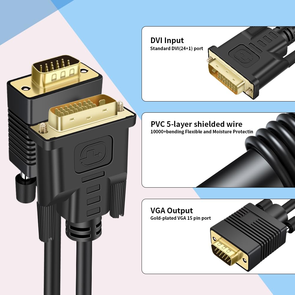 Detalle de Kirzi DVI (Sources) to VGA (Display) Cable 30ft: Uni-Directional DVI-D to VGA with Gold-Plated Connectors
