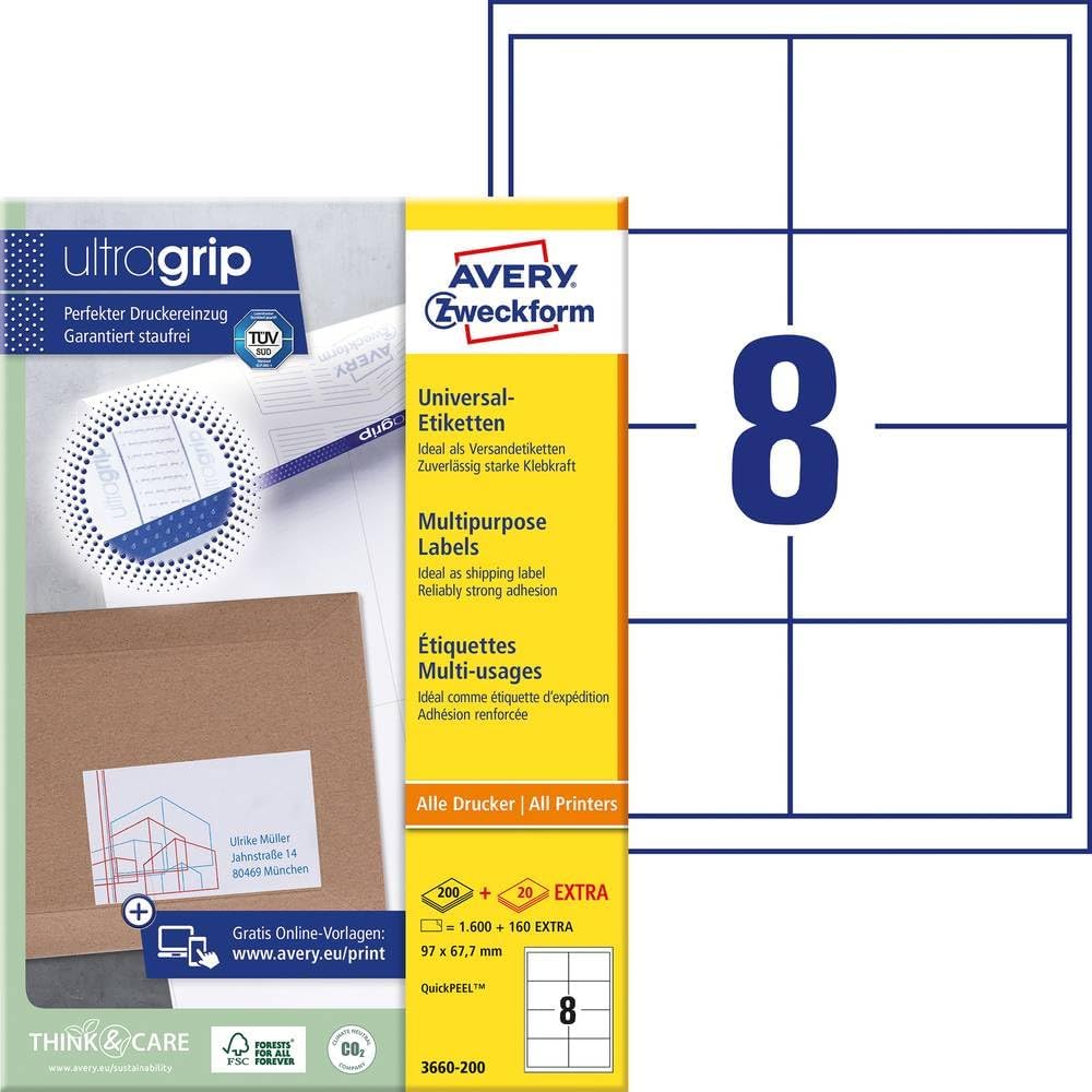 Detalle 2 de AVERY Zweckform 4782-65 Universal Etiketten — 97x67,7 mm, 520 Blatt + 120 Etiketten, UltraGrip Rückseite