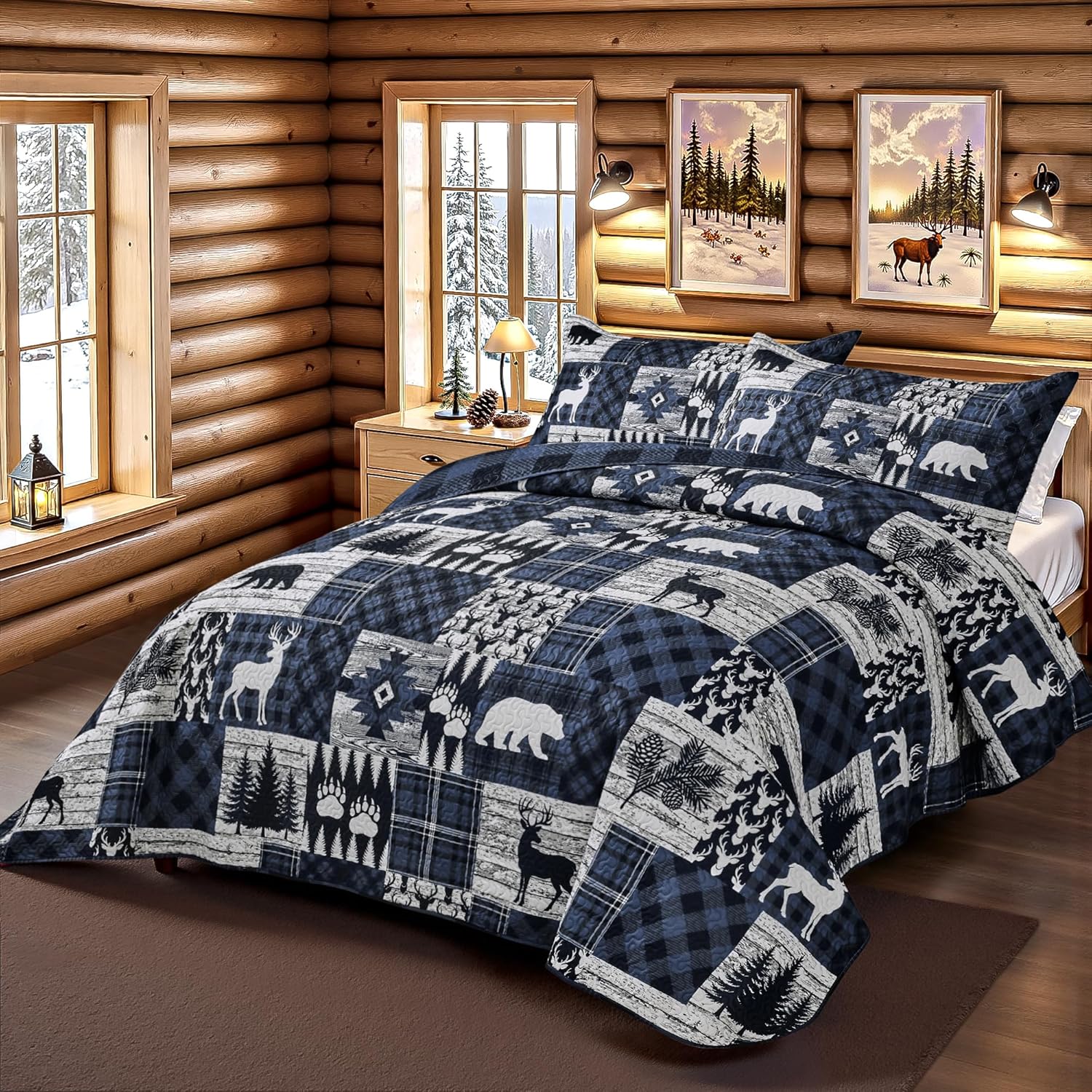 Thumbnail 1 de Cabin 3-Piece Full/Queen Quilt Set (90"x96") Reversible Farmhouse Rustic Microfiber Bedding, Blue