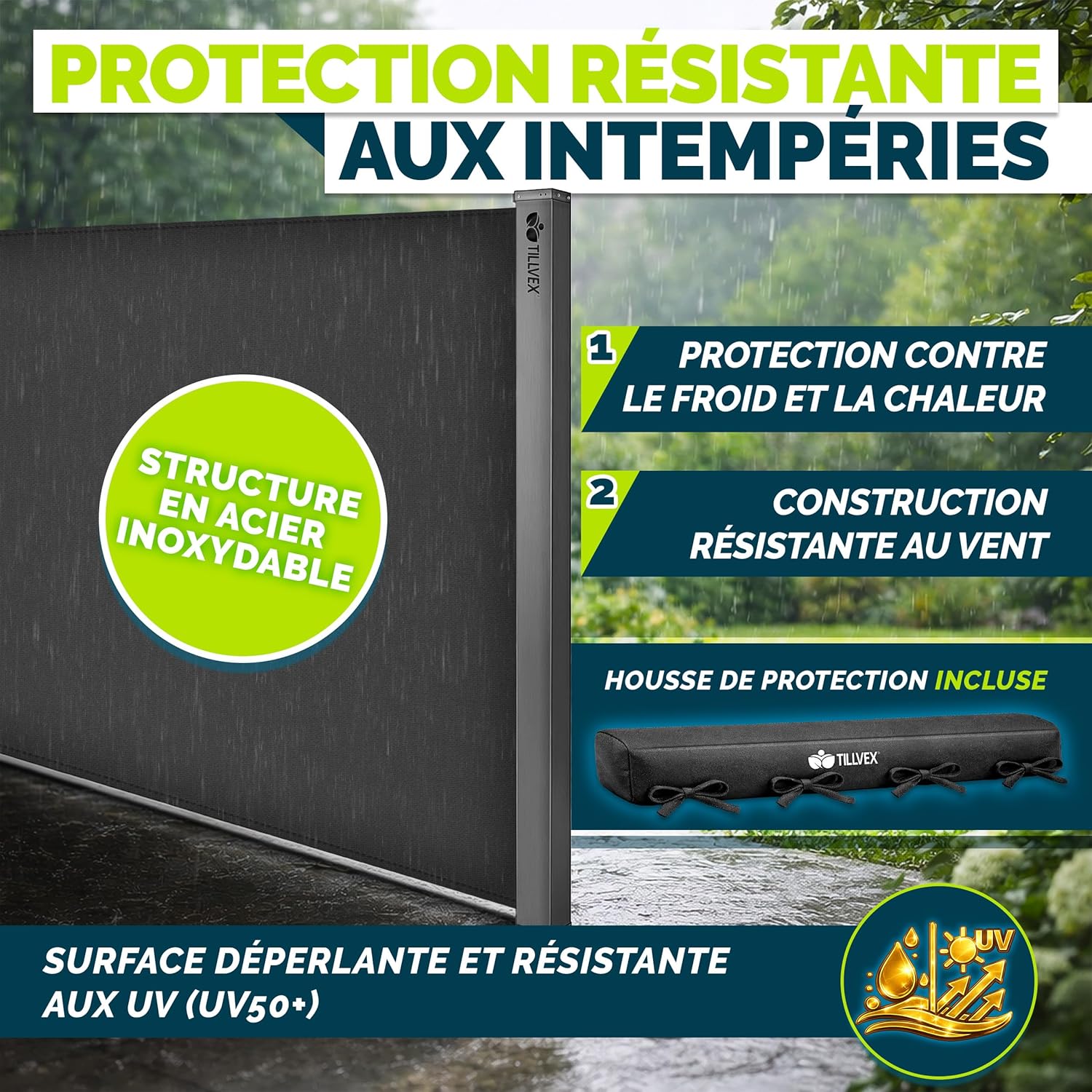 Thumbnail 4 de tillvex Store latéral 160 x 300 cm extensible et opaque avec housse de protection – brise-vue pour balcon, jardin et terrasse