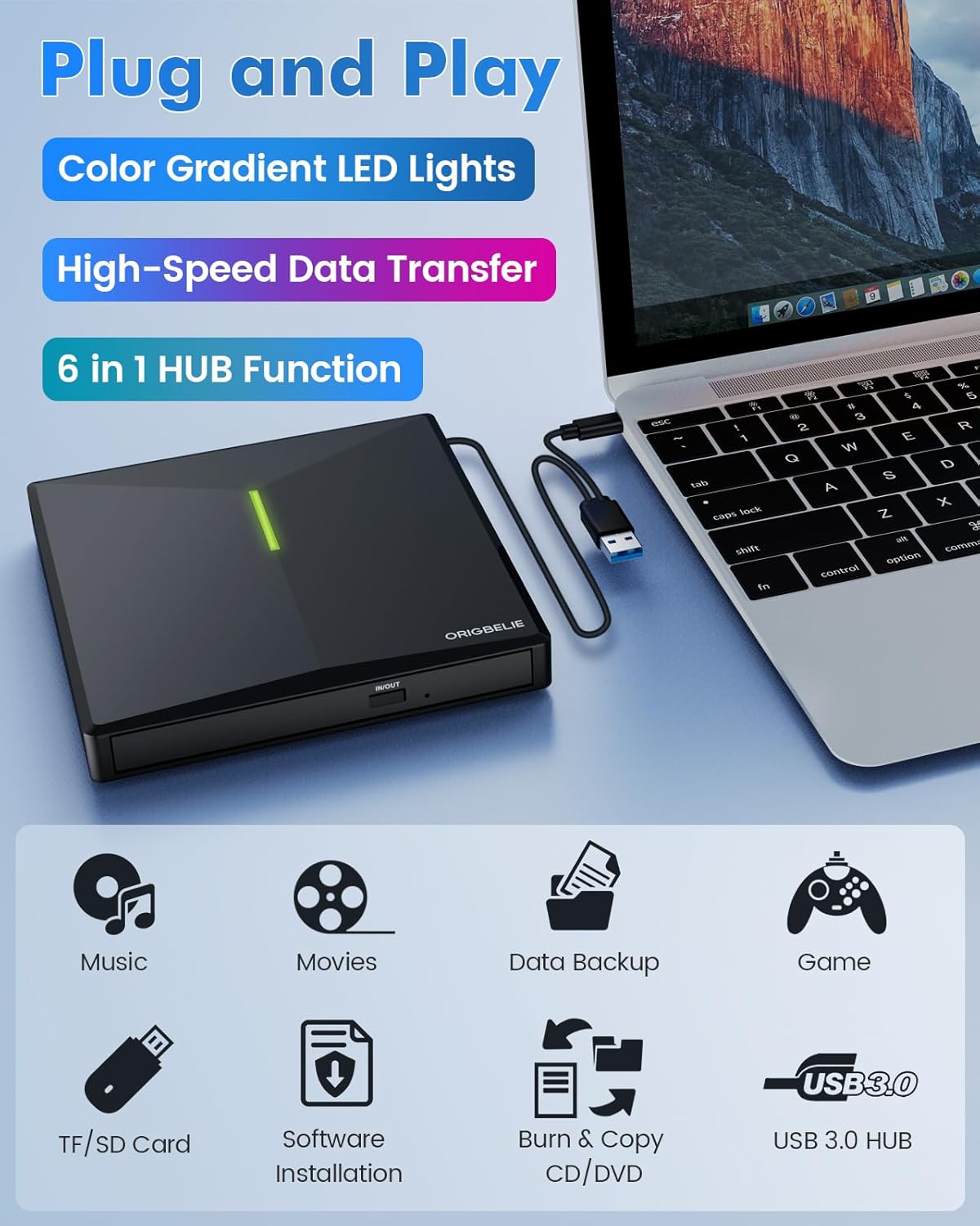 Thumbnail 1 de ORIGBELIE Externes CD/DVD-Laufwerk mit USB 3.0 Hub, 4 USB-Anschlüssen und 2 TF/SD-Kartensteckplätzen