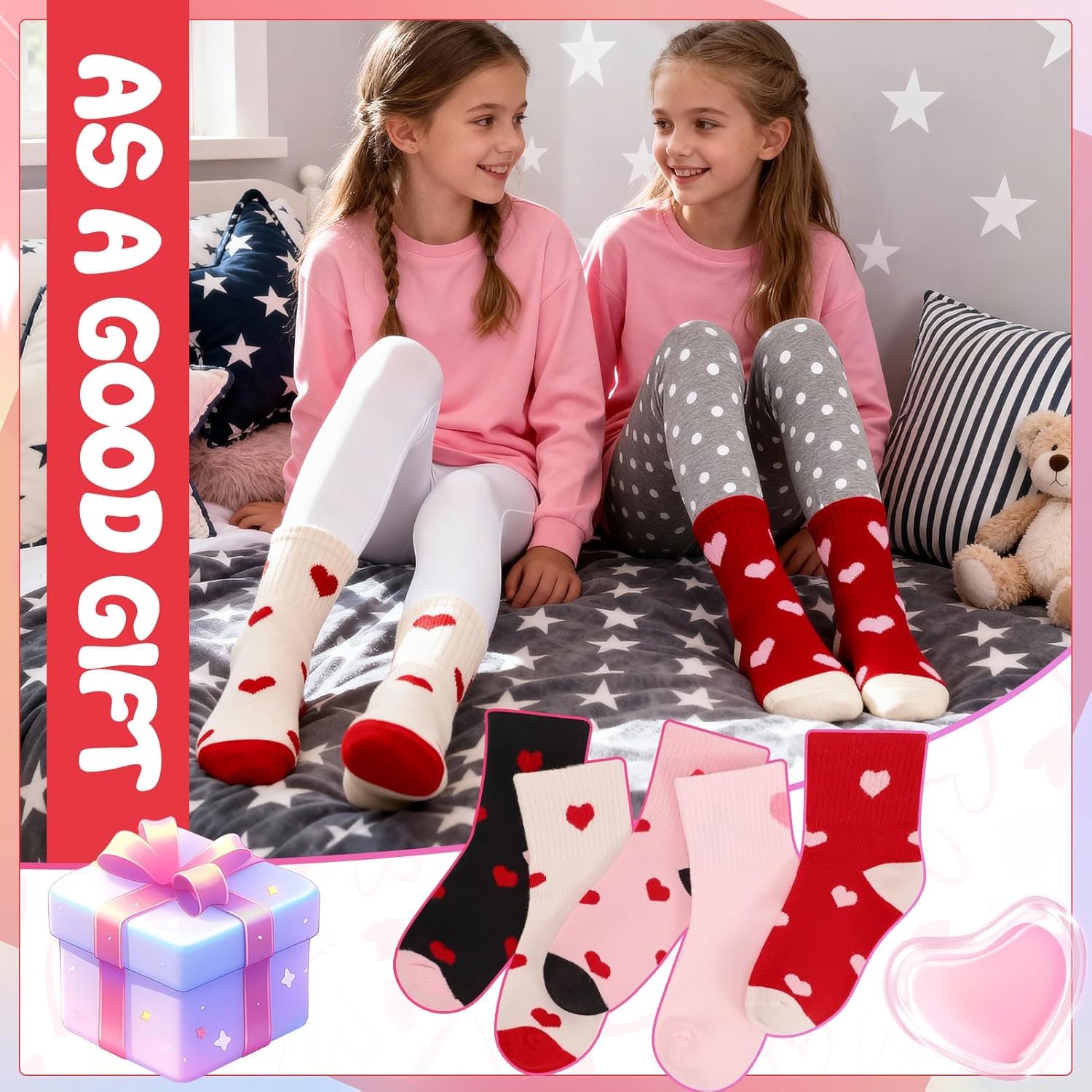 Thumbnail 5 de Zuimei 5 Pairs Girls Cotton Crew Socks with Heart Pattern – 9-12 Years