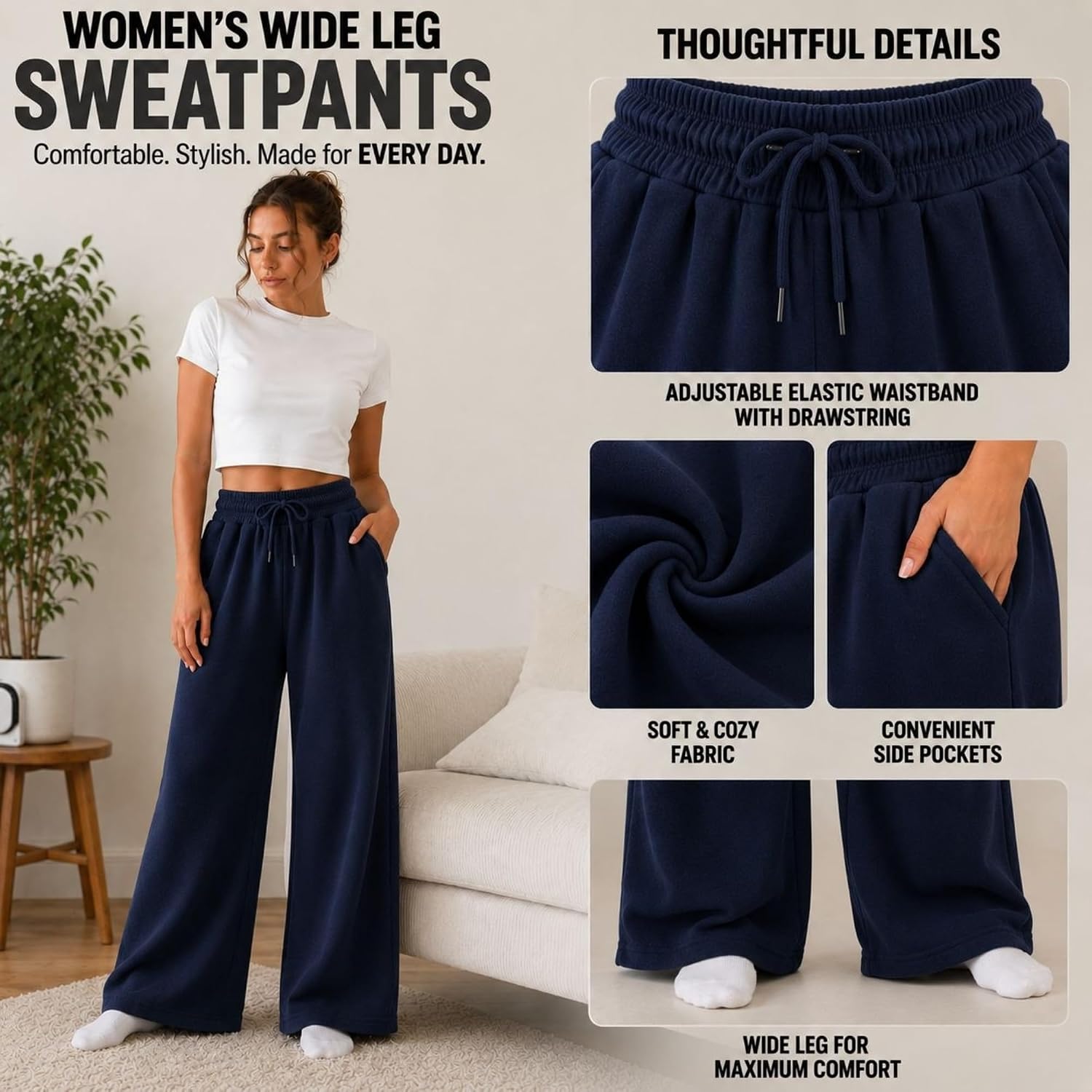 Detalle de COMEOR Women’s Jogging Bottoms – lightweight breathable cotton straight-leg joggers with side pockets