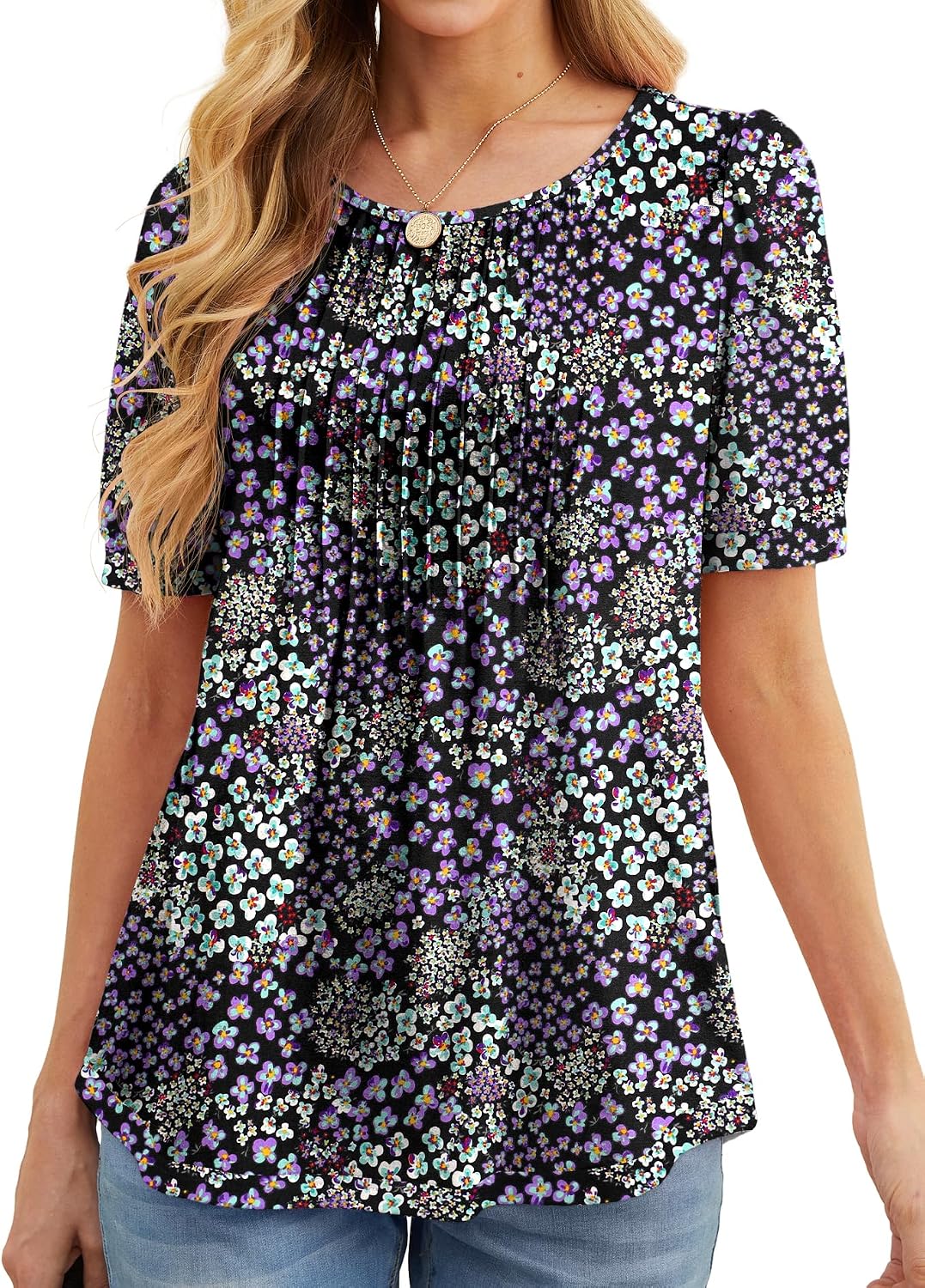 Thumbnail 6 de GRECERELLE pleated front floral summer tunic T-shirt for women (crew neck, short sleeve)
