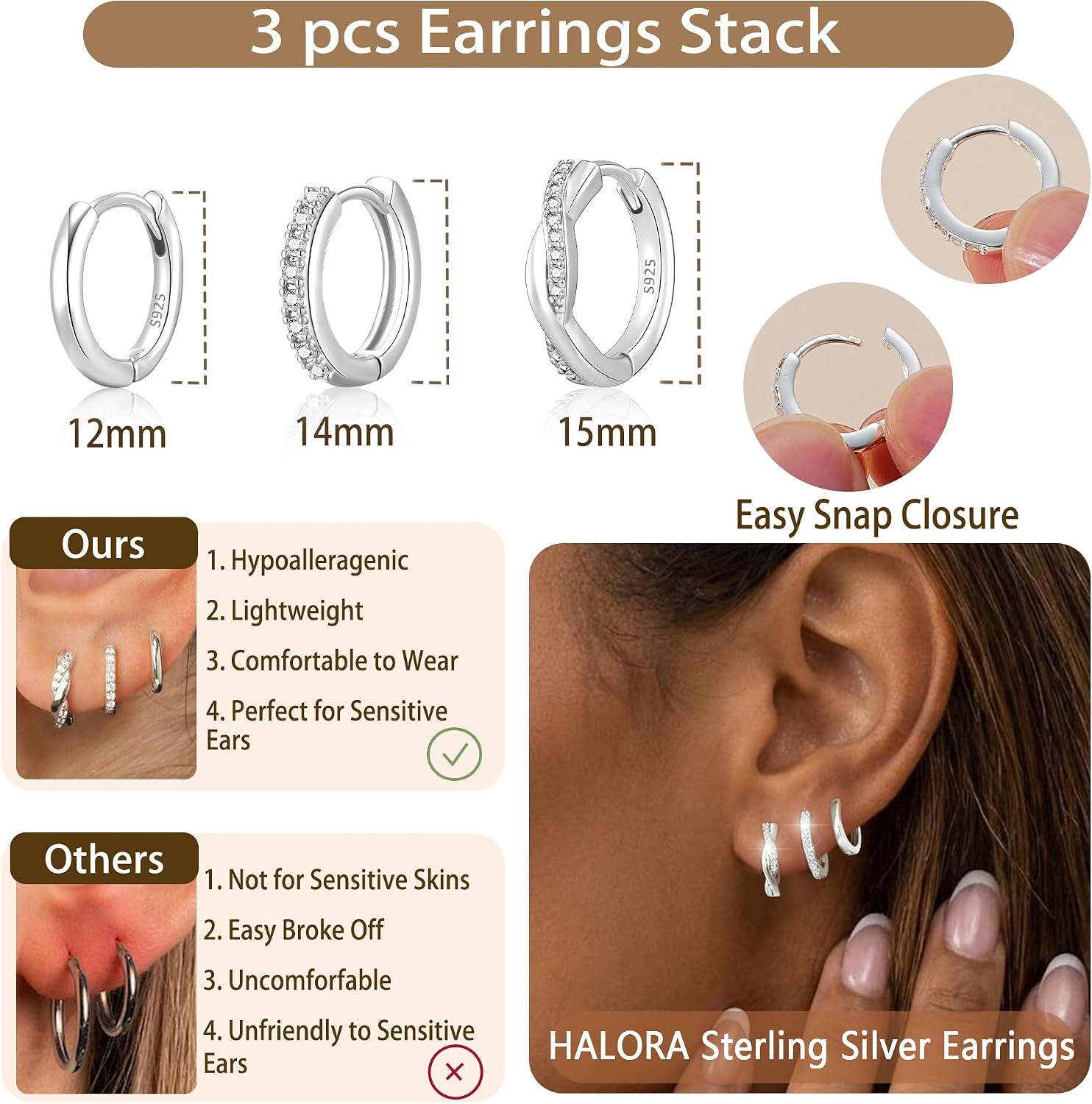 Thumbnail 5 de Halora Silver Earrings for Women: 3-Pair Sterling Silver Hoop Set with Hypoallergenic CZ Hoops