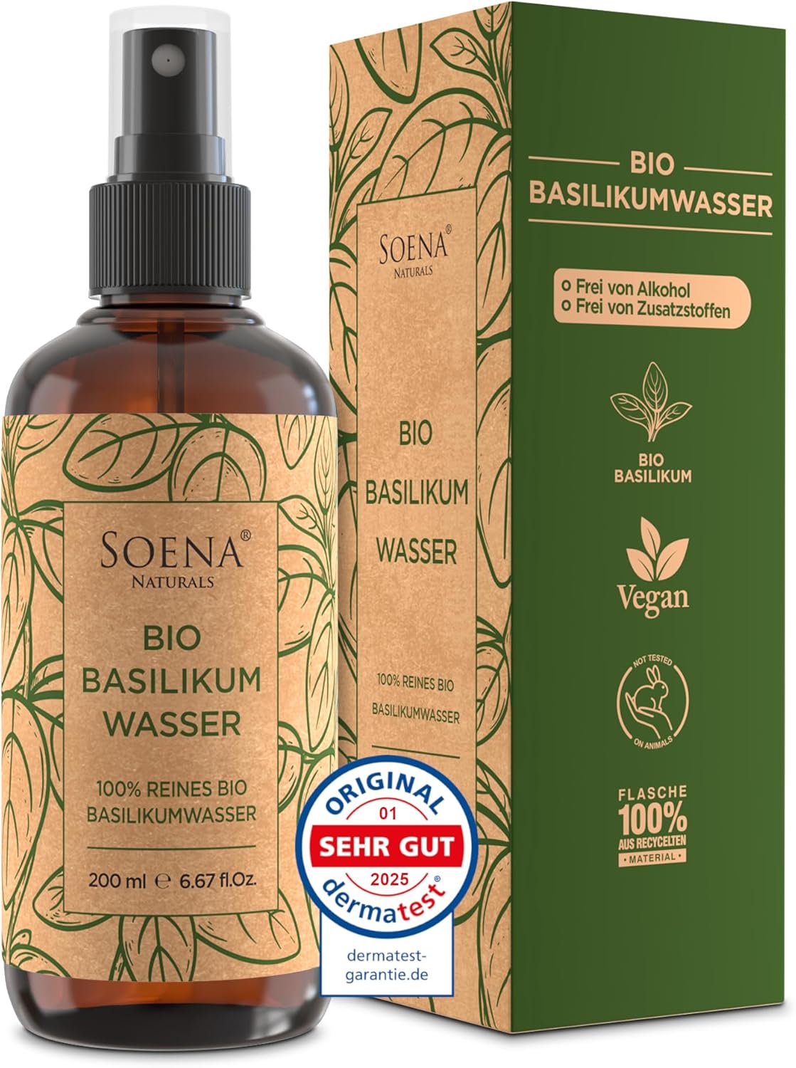 Detalle de Basilikumwasser (Hydrolat) von Soena Naturals – Haarkur für dünnes, brüchiges Haar, 200 ml, bio-zertifiziert