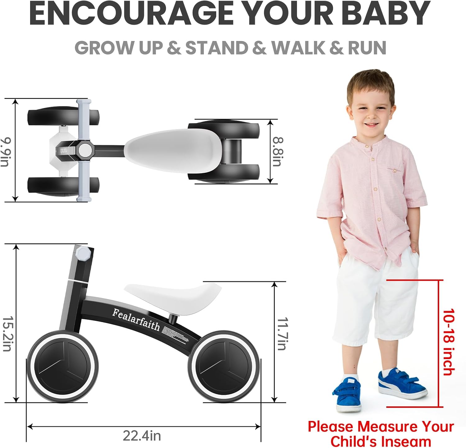 Thumbnail 1 de Baby Balance Bike for 1 Year Olds (10-36 Months) with 4 LED Lighting Wheels, Enclosed Wheels & Steering Limit (Black)