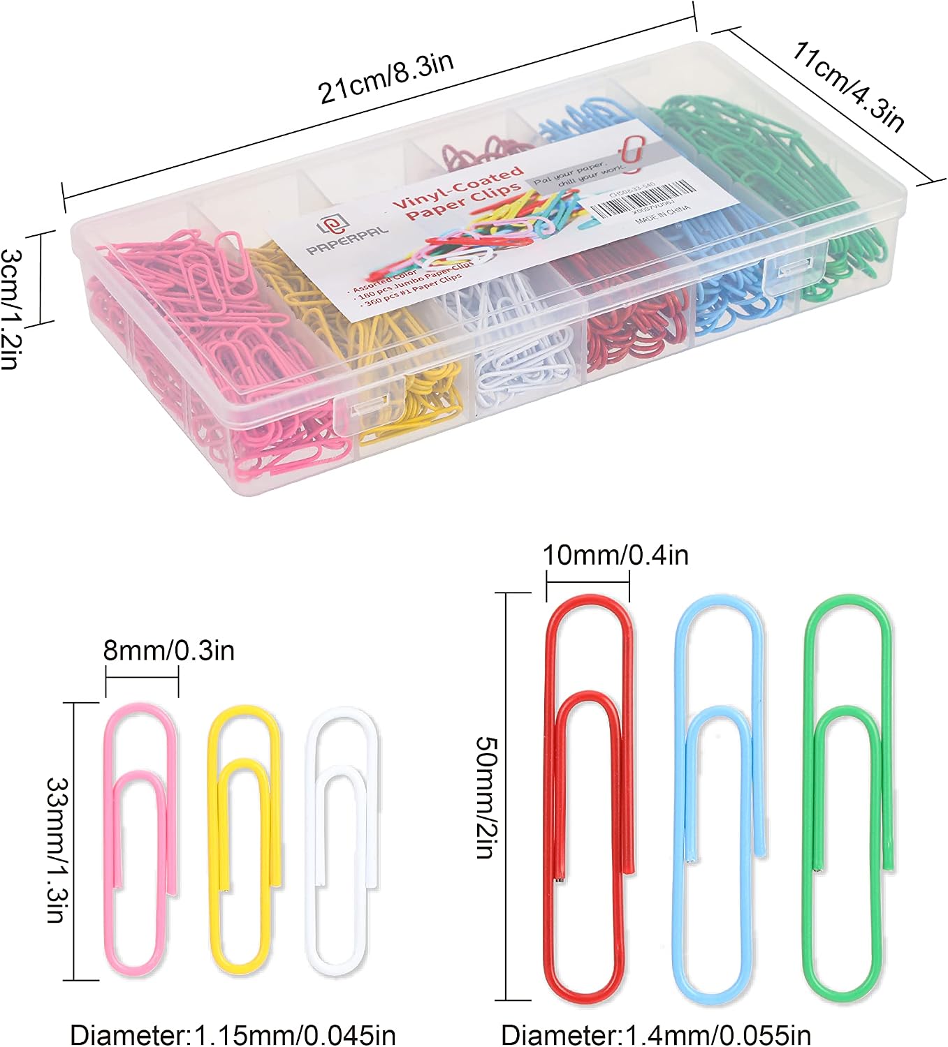 Detalle 2 de PAPERPAL 540-Count Vinyl-Coated Paper Clips, 2 Sizes, 6 Colors