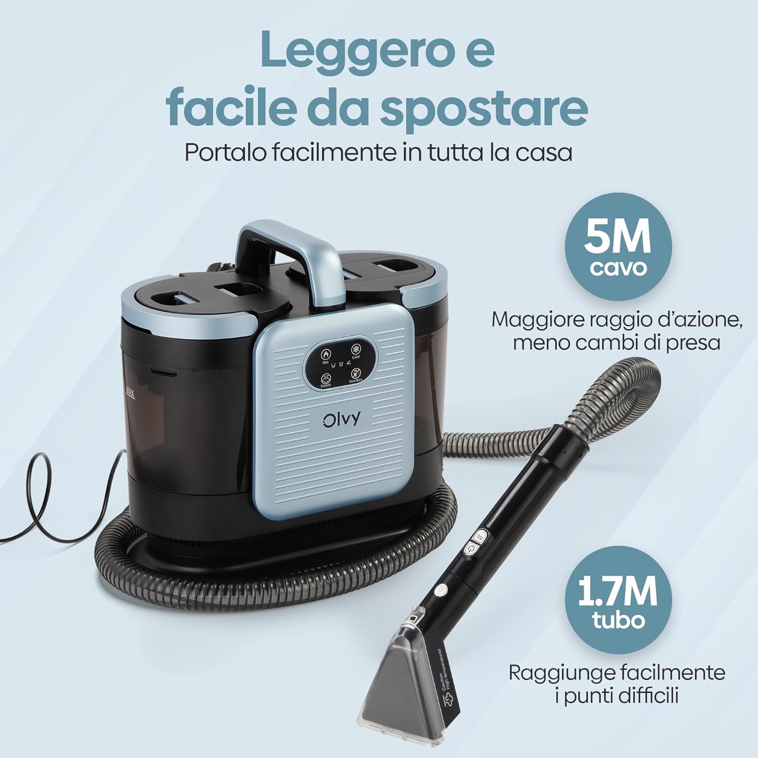 Detalle 2 de Olvy Pulitore per Tappeti PRO – Aspiratore a Umido e Pulitore a Vapore per Imbottiti, 1650W