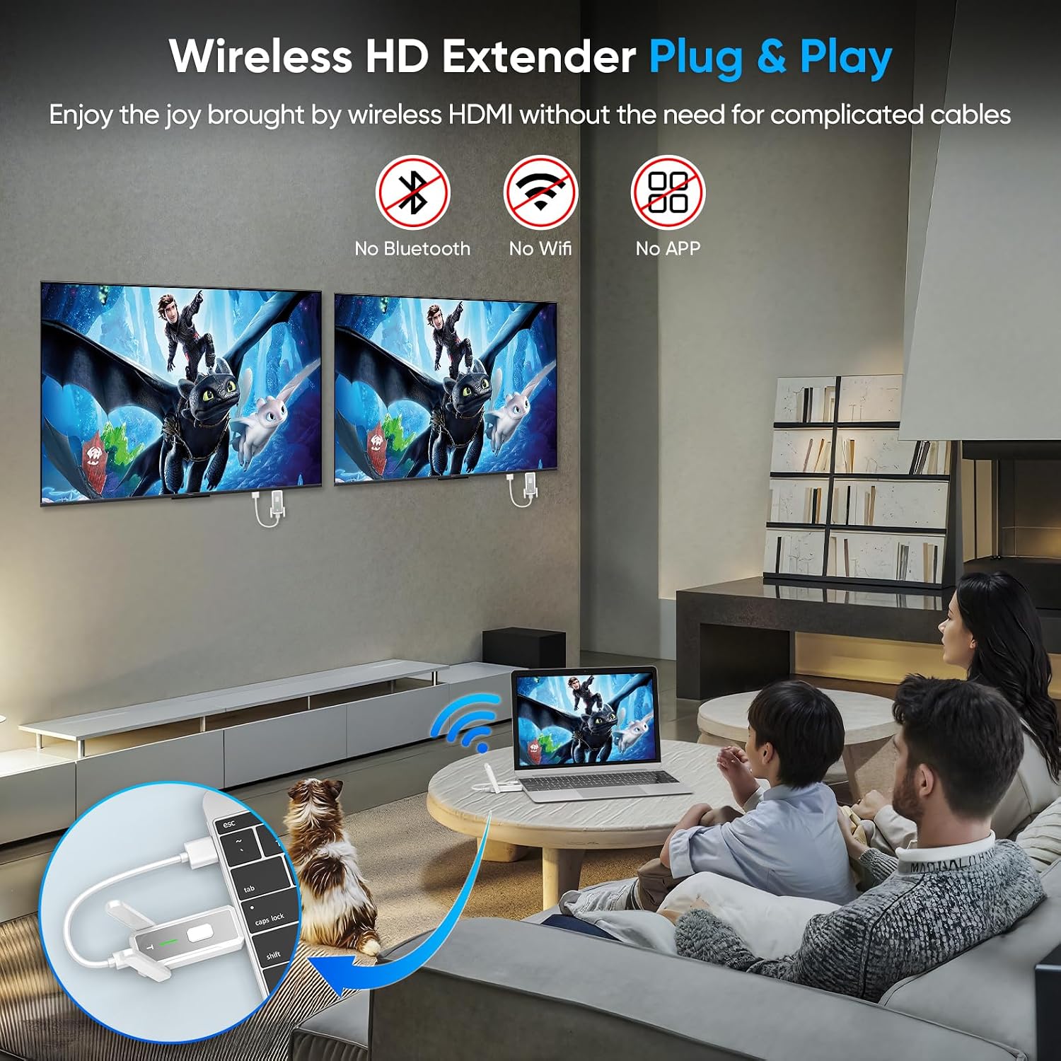 Detalle 1 de KVZOO Wireless HDMI Transmitter and 2 Receivers (500 FT/150M) Dual-Band 2.4G/5G, 1080P Plug & Play