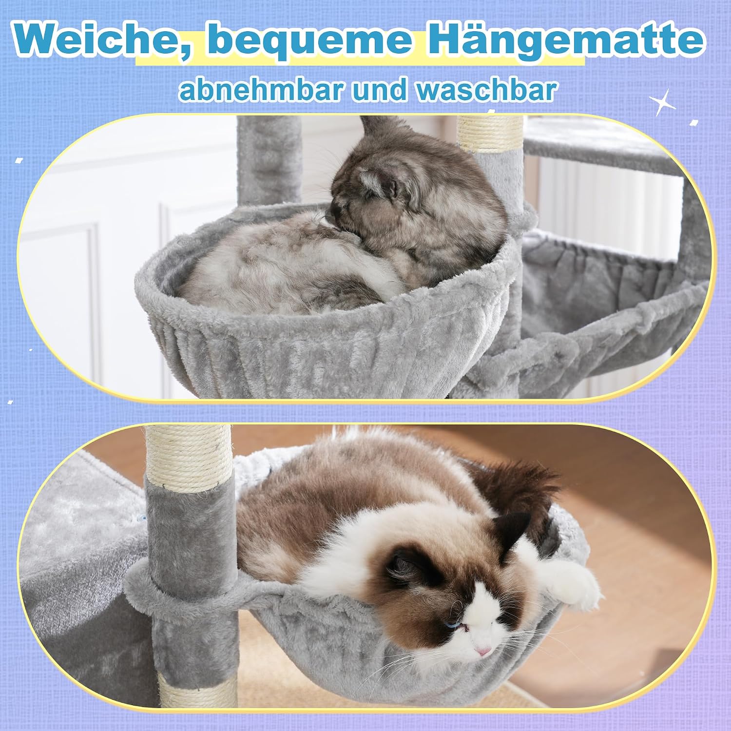 Thumbnail 6 de Hey-brother Kratzbaum EMJ080W, 182 cm hoch für Großkatzen – mit 2 Liegeflächen, 3 Hängematten & Kratzbrettern