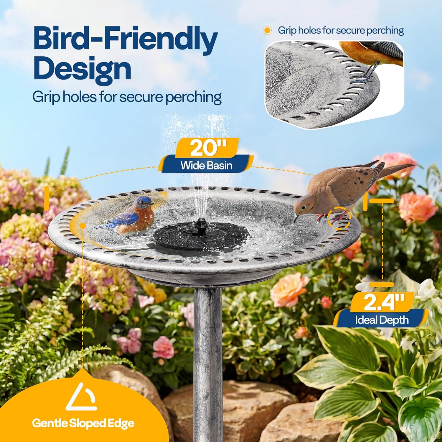 Detalle de VIVOHOME Plastic Resin Bird Bath with Solar Fountain – Round Grey Pedestal, 71x50x50cm