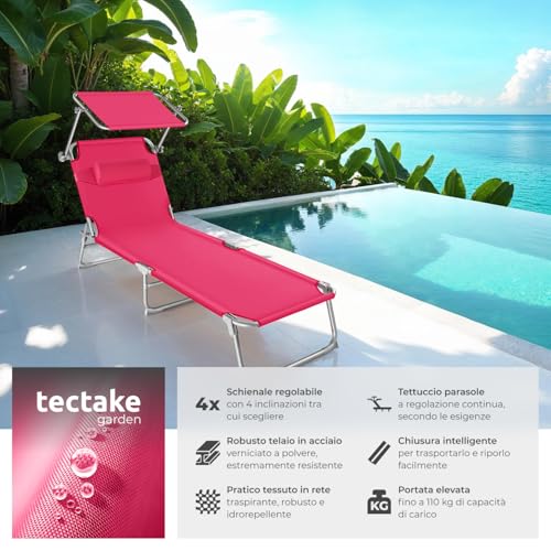 Detalle de tectake Lettino Prendisole Pieghevole 190 x 68 x 111 cm – Sedia a Sdraio con Parasole, Cuscino e Maniglia, Regolabile, Rosa