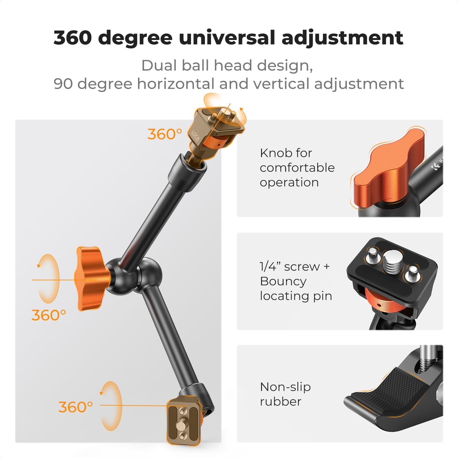 Detalle de K&F CONCEPT 11" Magic Arm Super Clamp Kit with 1/4" & 3/8" mounting for monitors, cameras and action cams