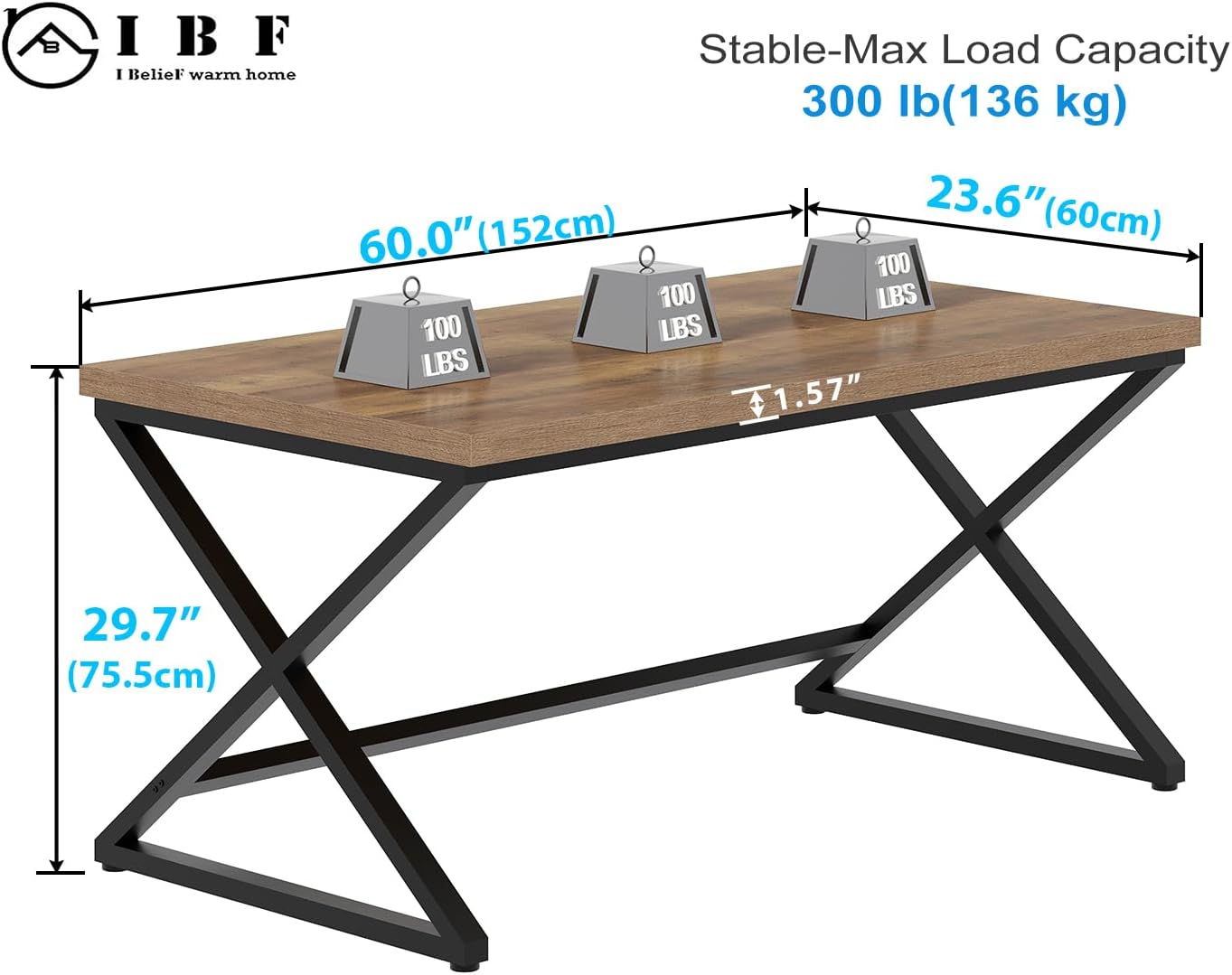 Thumbnail 1 de IBF Scrivania rustica per computer in legno e metallo, 152 cm di piano di lavoro