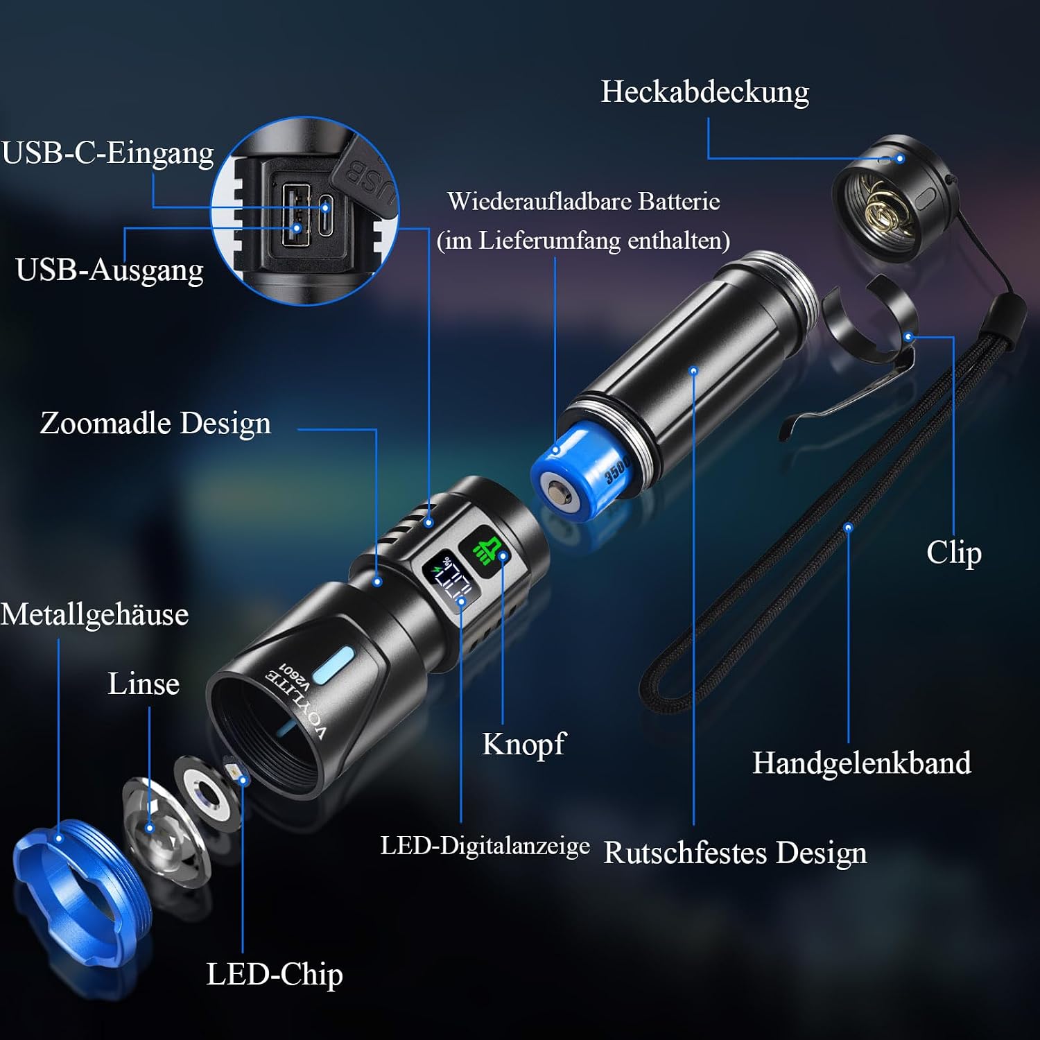 Detalle de Voylite Taschenlampe LED Aufladbar 2-Stück – 1000000 Lumen Extrem Hell