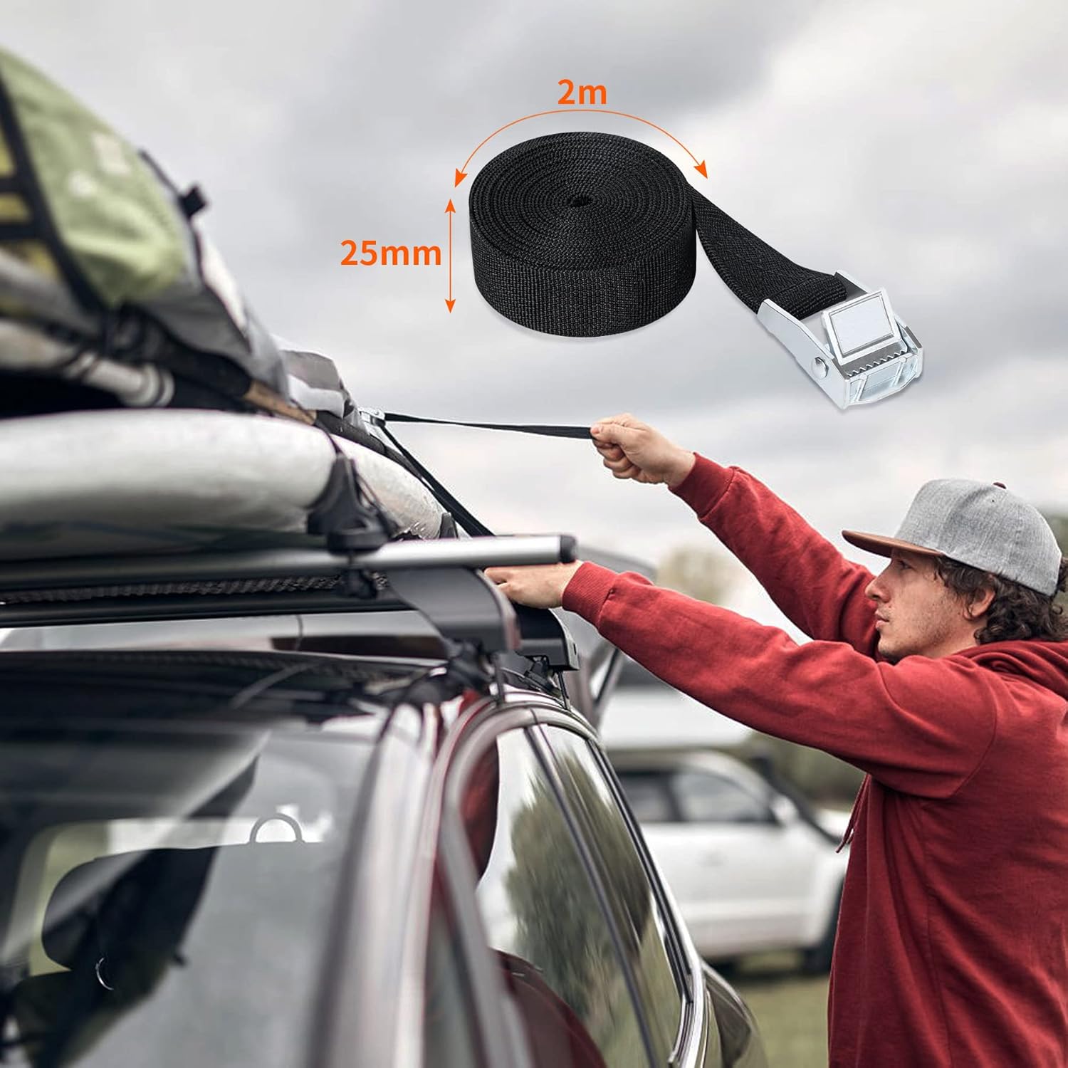 Detalle de Spanngurt kurz mit Ratsche 2M – 6 Stück, Schwarz | Für Auto, Fahrradträger, Camping