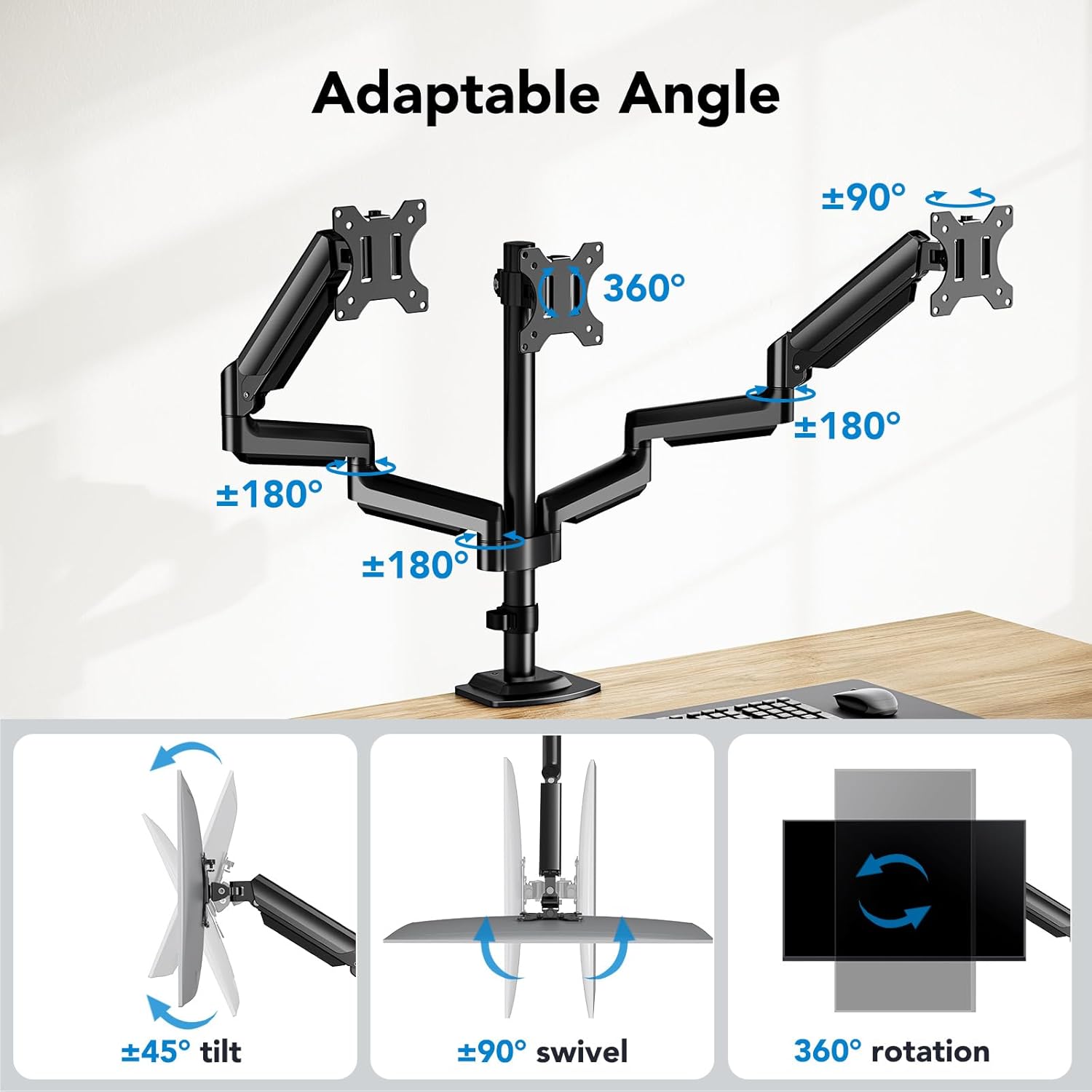 Detalle 2 de HUANUO Monitorhalterung 3 Monitore für 13–27 Zoll – Gasfederarm, 8 kg je Arm, VESA 75x75/100x100