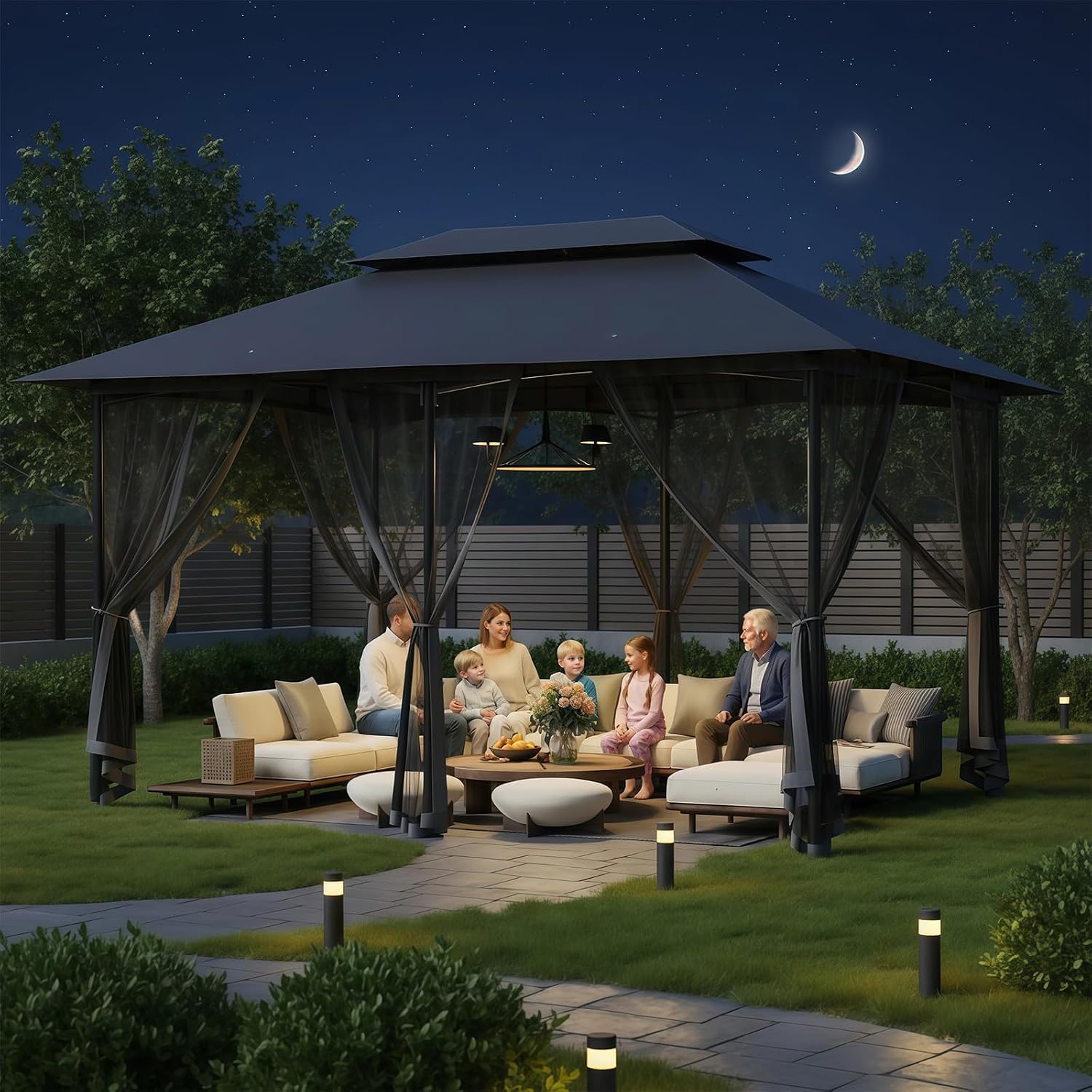 Thumbnail 6 de Amopatio Gartenpavillon 2,8x2,8 m mit Doppeldach, wasserdicht & Moskitonetz (Grau)