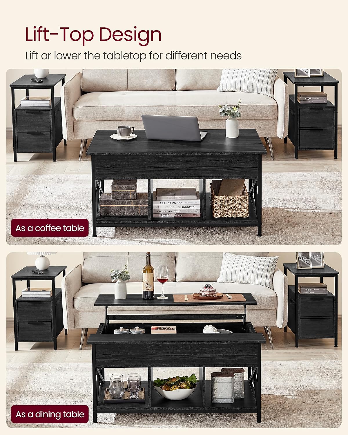 Detalle 2 de VASAGLE LCT205B22 Lift-Top Coffee Table, 3 Open Compartments, Charcoal Grey