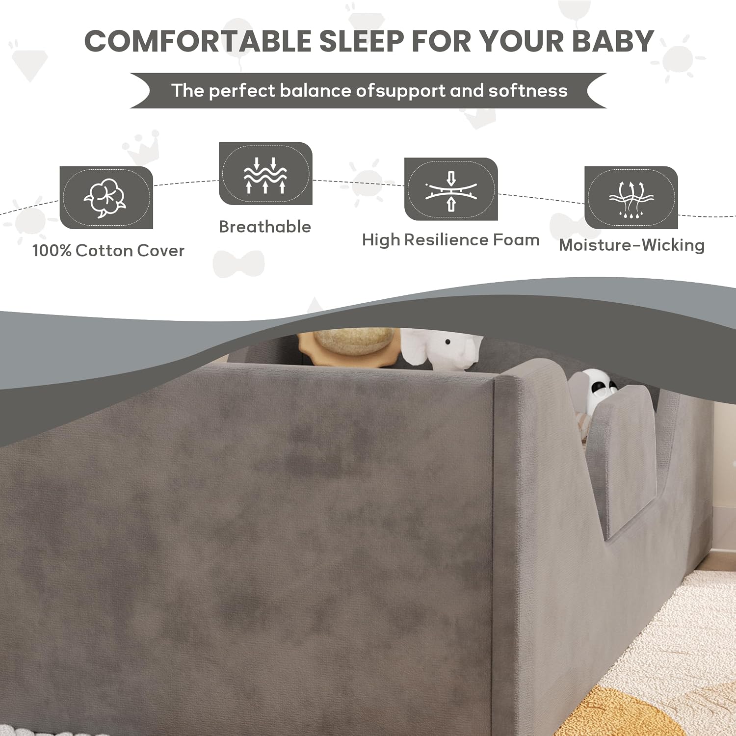 Thumbnail 5 de SOFTLYNICE Gray Toddler Floor Bed with Rails for a Standard Crib Mattress