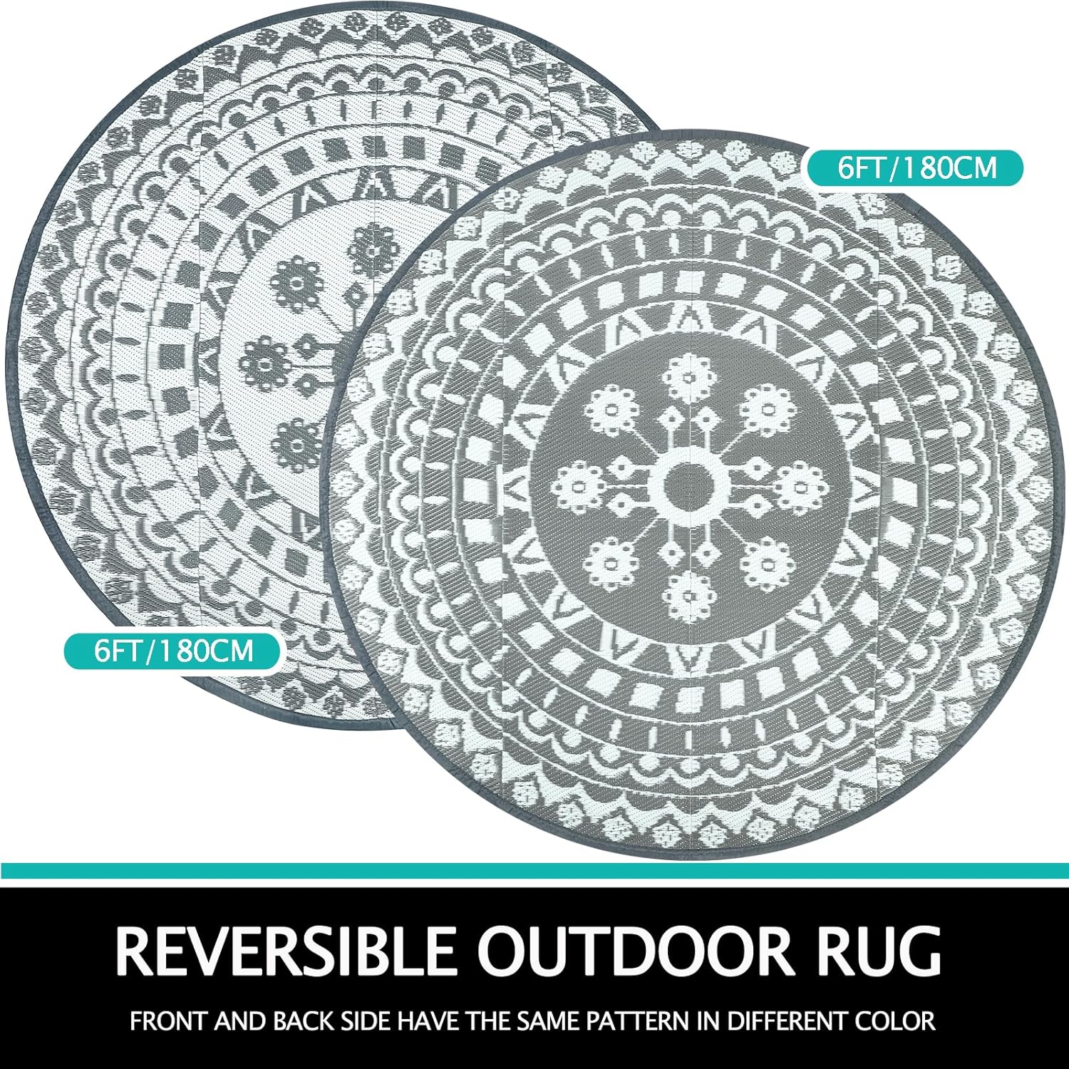 Thumbnail 1 de Capslpad 180cm Round Outdoor Patio Rug – Waterproof Reversible Plastic Straw Boho Mat