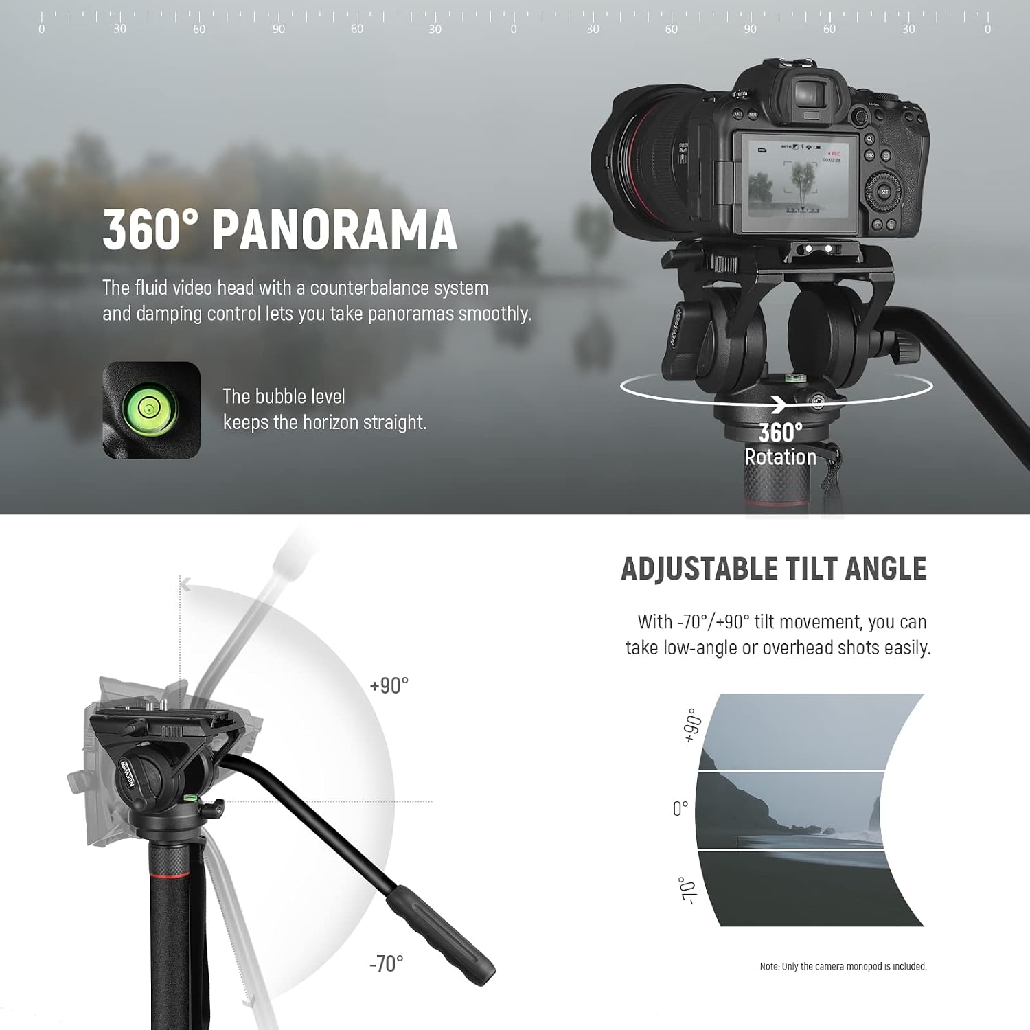 Detalle de NEEWER GM76 Professional Camera Monopod with Feet, Fluid Pan Tilt Head & Removable Tripod Base